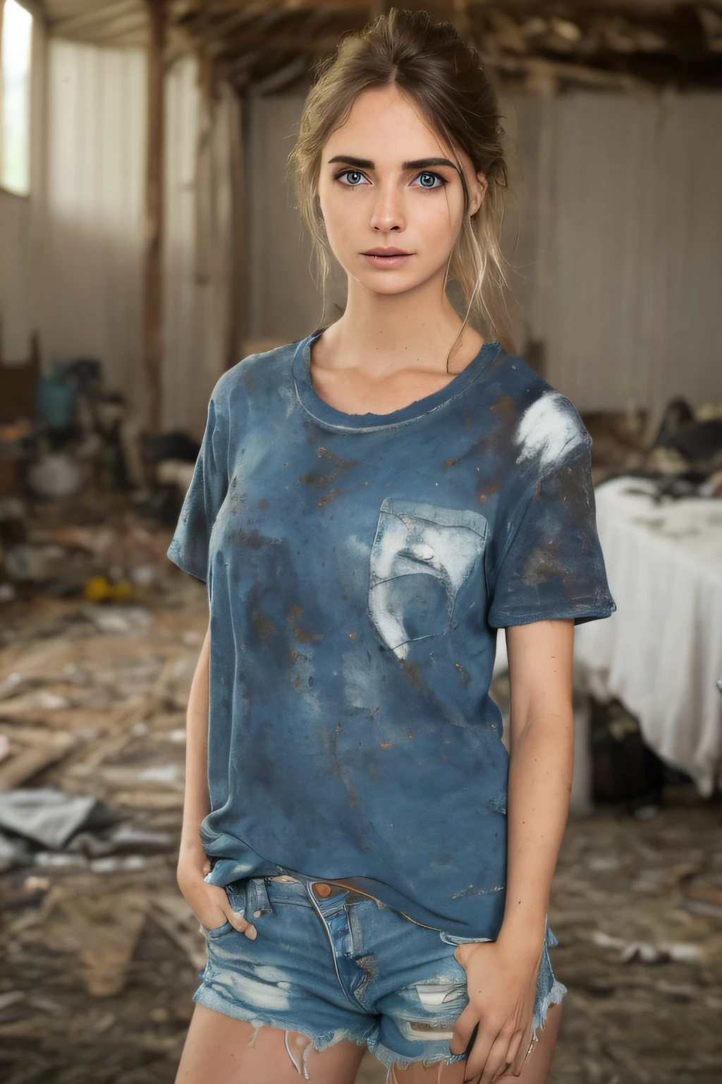 Foto hiper real de ((Woman inside a messy barn wearing a sexy torn and worn cotton T-shirt)), ((Cara y ojos realistas detallados)), cinematic lighting, 8K resolution, (Estilo modelshoot), puesta del sol, (De_abajo:1.4), Small soft covered by (Torn torn cotton T-shirt), senos naturales