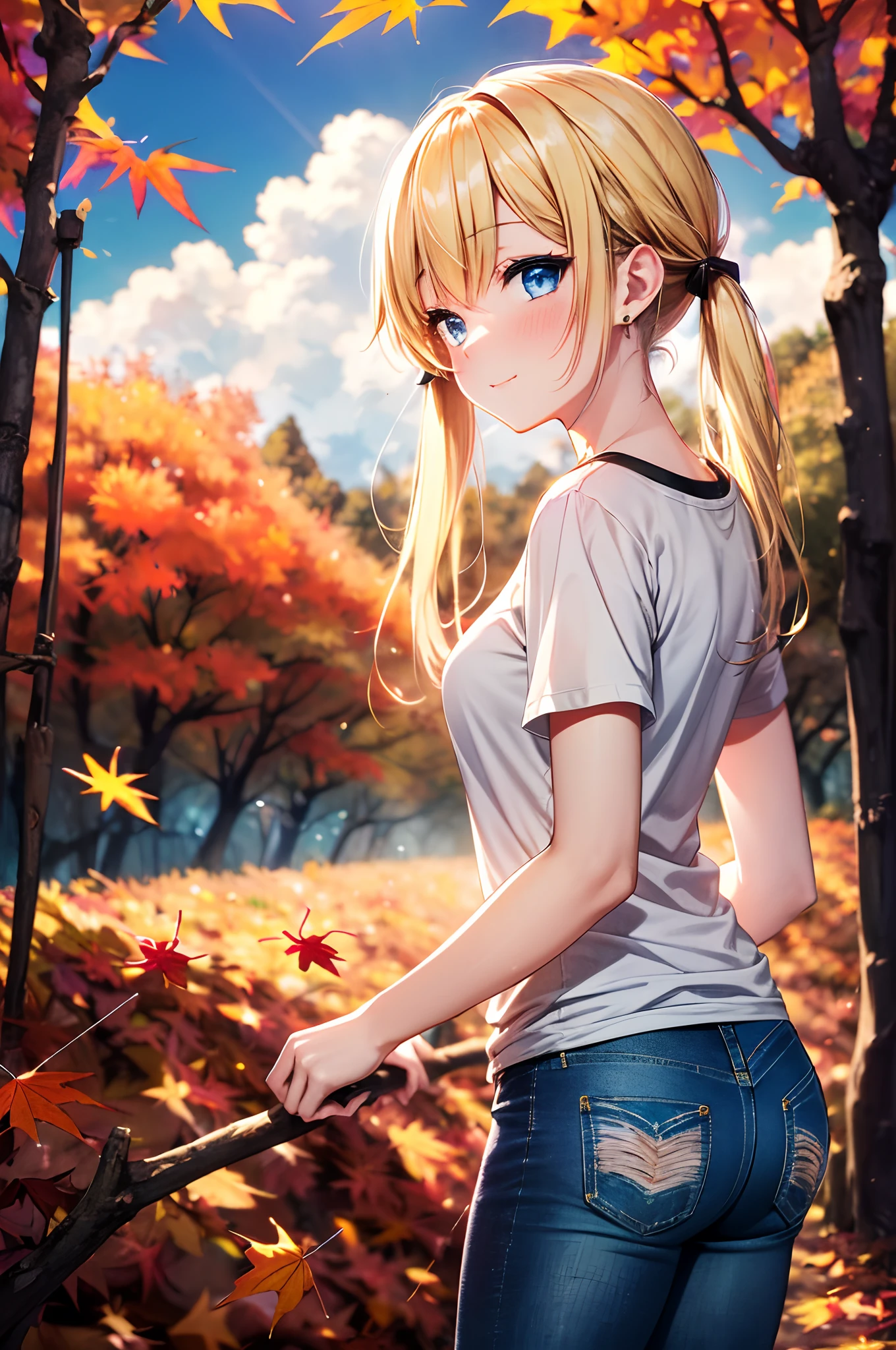 absurderes, ultra-detailliert,bright colour, (1girl in:1.4),(A very beautiful forest of autumn leaves:1.5),extremely beautiful detailed anime face and eyes,(happy smail:1.4),asymmetrical bangs, (Blonde hair with short twin tails:1.3), Shiny hair, (Looking at Viewer),(From Side:1.3),Blue_skyporn, built, cliff, ​​clouds, cloudy_skyporn, tag, the woods, Grassy,jungles, lake, lens_f lare, light_Rays, mont, naturey, plein air, Pines_Tree Road, landscapes, Skysky, suns, Sun'rays, sunlights,The tree, tree_Shade, Eau, (Tight jeans:1.3), (a black T-shirt:1.4), Walking ,(Deep Blue Eyes:1.3),depth of fields, Delicate beautiful face, red blush、White skin, hair clips, earrings,
