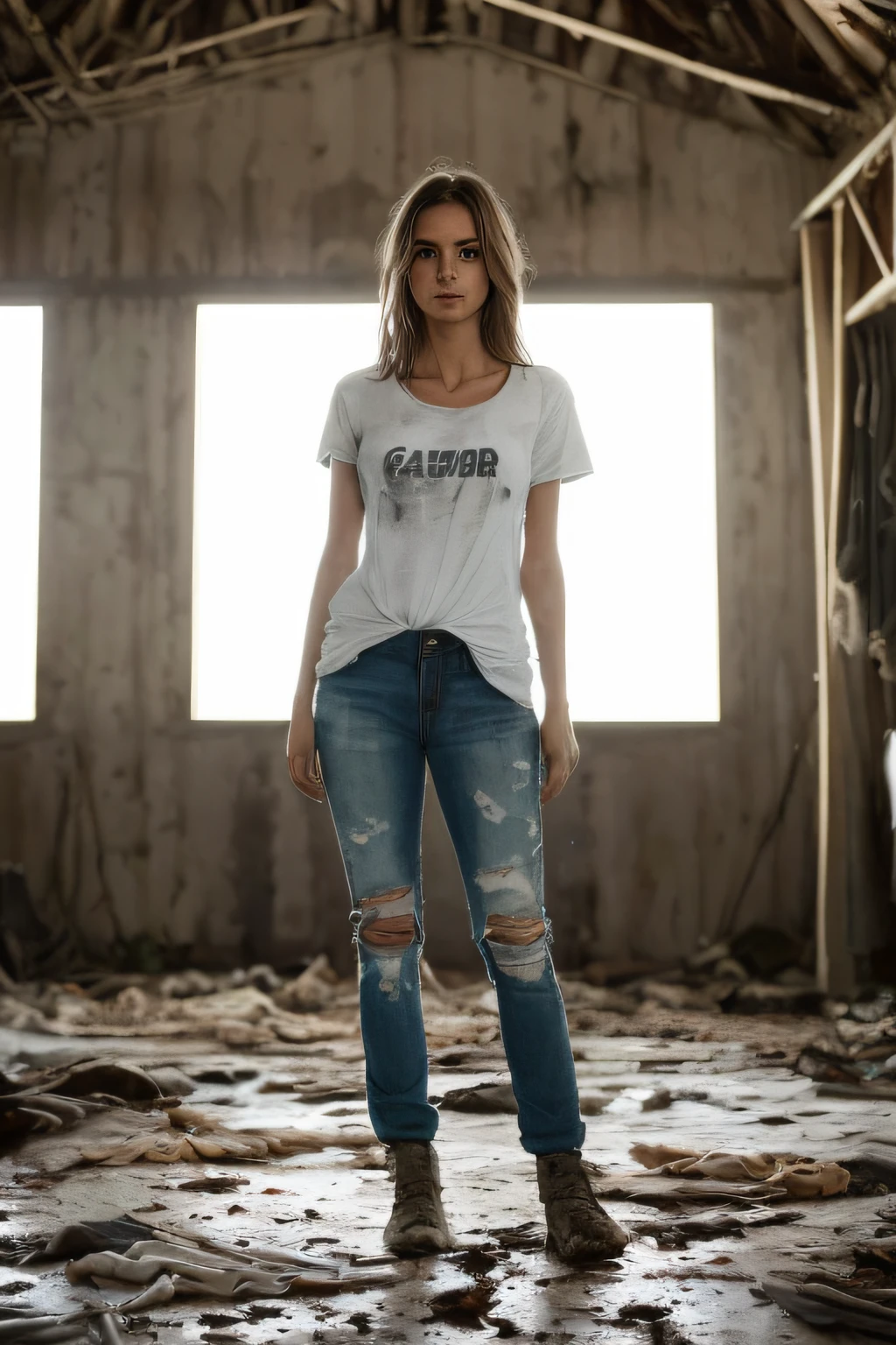 Foto hiper real de ((Woman inside a messy barn wearing a sexy torn and worn cotton T-shirt)), ((Cara y ojos realistas detallados)), cinematic lighting, 8K resolution, (Estilo modelshoot), puesta del sol, (De_abajo:1.4), Small soft covered by (Torn torn cotton T-shirt), senos naturales