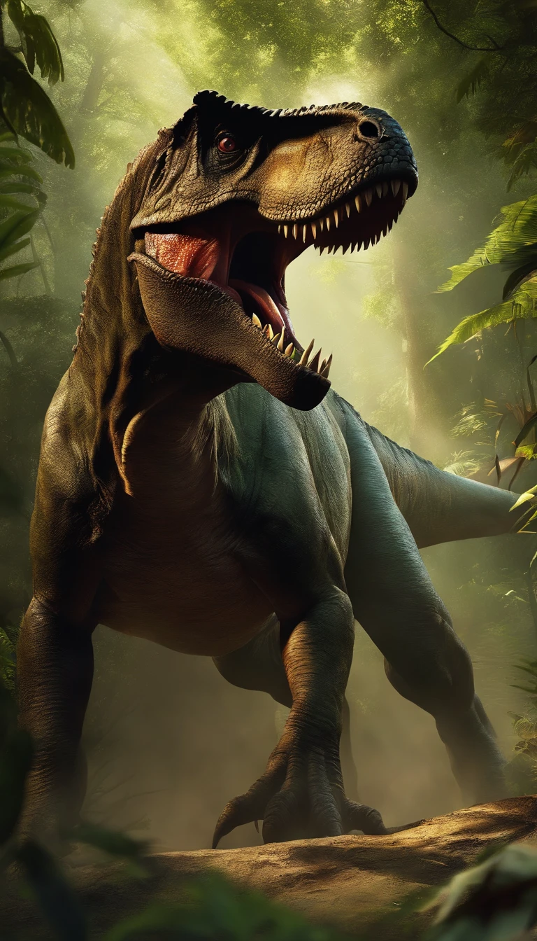 best quality, ultra-detailed, realistic, colorful, bright lighting, vibrant colors, T-rex, Jurassic landscape, lush vegetation, towering trees, sunlight filtering through the leaves, dynamic position, roaring, fierce eyes, sharp teeth, textured skin, predatory stance, powerful movement, lively atmosphere, strong contrast, dramatic shadows, intense atmosphere, epic scene.