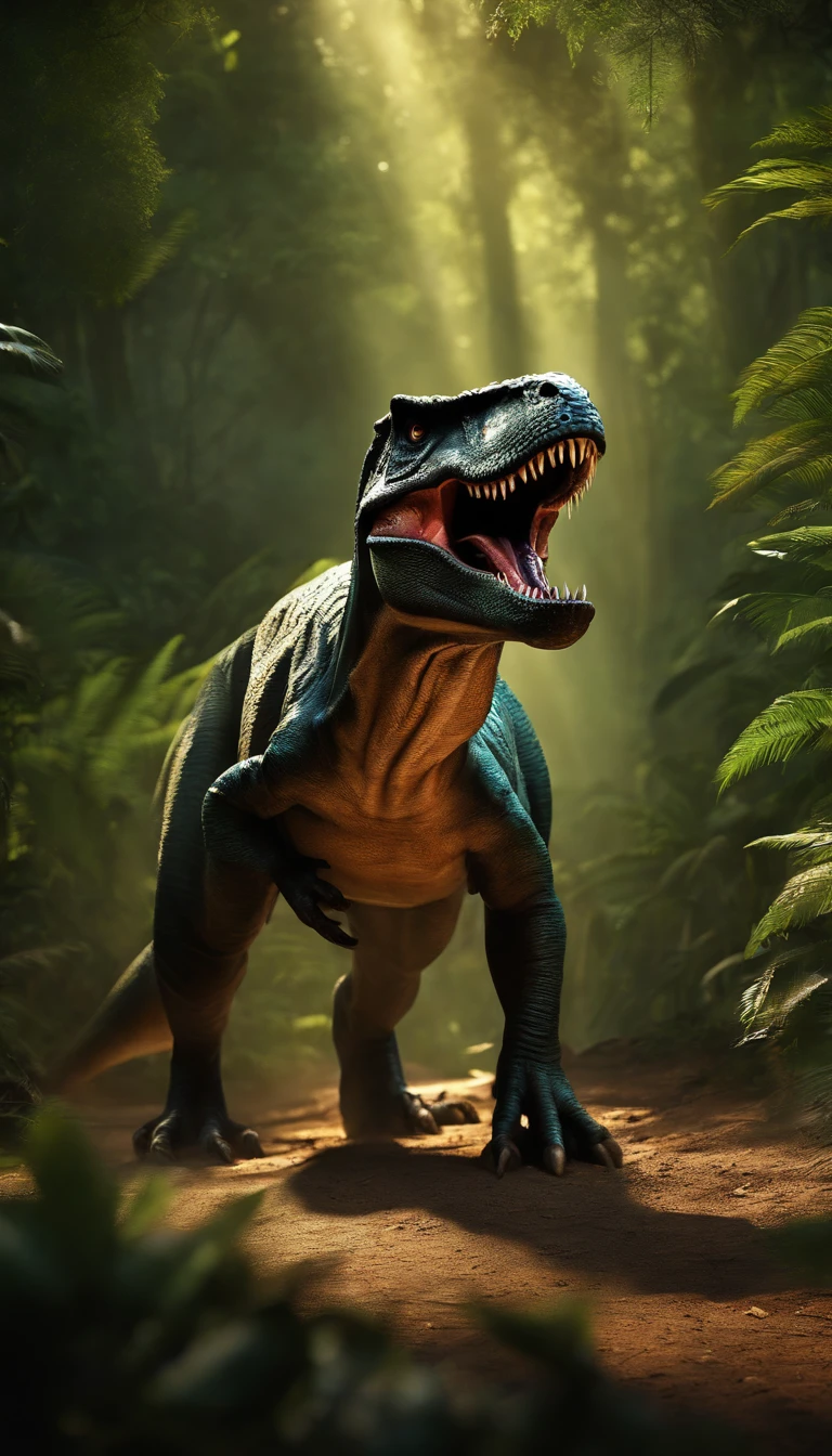 best quality, ultra-detailed, realistic, colorful, bright lighting, vibrant colors, T-rex, Jurassic landscape, lush vegetation, towering trees, sunlight filtering through the leaves, dynamic position, roaring, fierce eyes, sharp teeth, textured skin, predatory stance, powerful movement, lively atmosphere, strong contrast, dramatic shadows, intense atmosphere, epic scene.