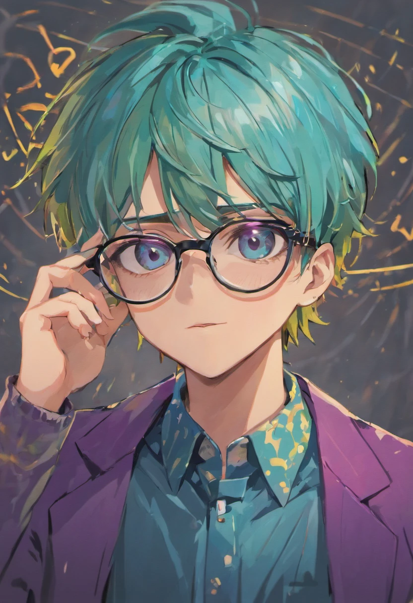 Imagem de um jovem de cabelos roxos e camisa azul, arte oficial, Streamer do Twitch / Jogador Ludwig, inspirado em Adrian Zingg, XQC, Anton Fadeev 8 K, arte oficial do personagem, joseph joestar, retrato de ultra realista, retrato colorido, retrato de alta qualidade, 3 d render de jerma 9 8 5, diego fernandez, com brincos dourados visiveis, round colored glasses energetic extroverted ENFP glasses