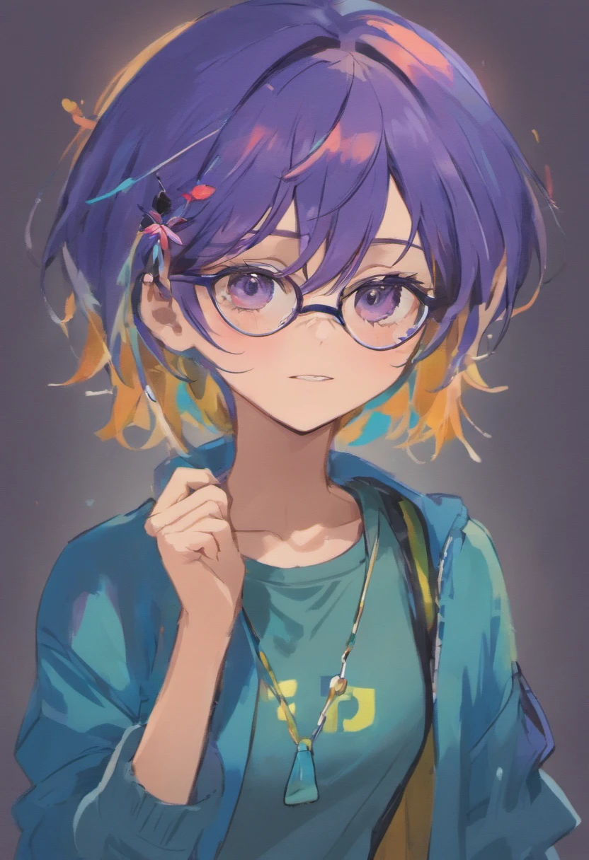 Imagem de um jovem de cabelos roxos e camisa azul, arte oficial, Streamer do Twitch / Jogador Ludwig, inspirado em Adrian Zingg, XQC, Anton Fadeev 8 K, arte oficial do personagem, joseph joestar, retrato de ultra realista, retrato colorido, retrato de alta qualidade, 3 d render de jerma 9 8 5, diego fernandez, com brincos dourados visiveis, round colored glasses energetic extroverted ENFP glasses