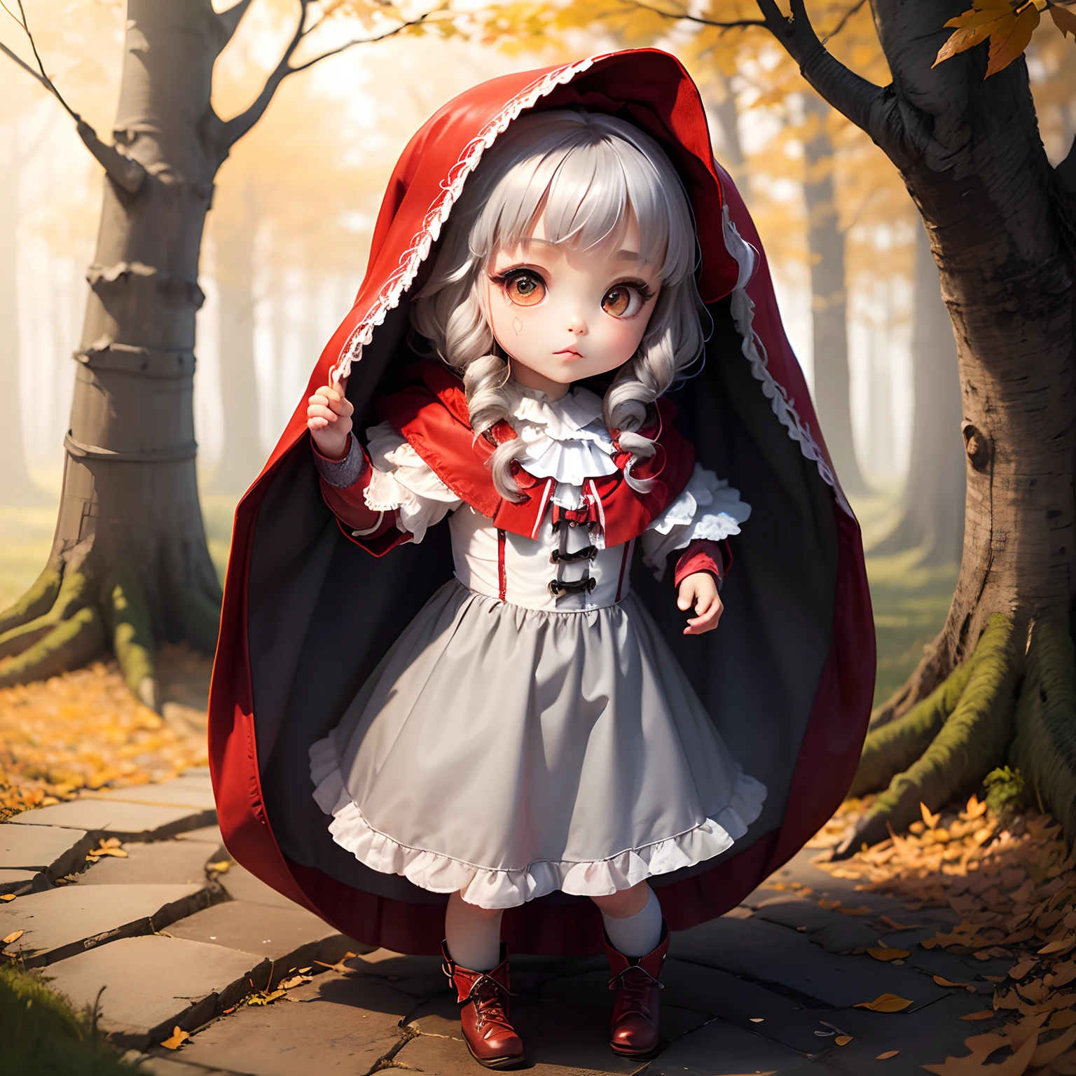 ​masterpiece、top-quality、ultra-detailliert、(Chibi's Daughter Chara:1.2)(Little Red Riding Hood:1.5),(White Dress:1.3)Red braided boots、(Chibi Chara Gray Wolf:1.3)、Fairytale autumn forest