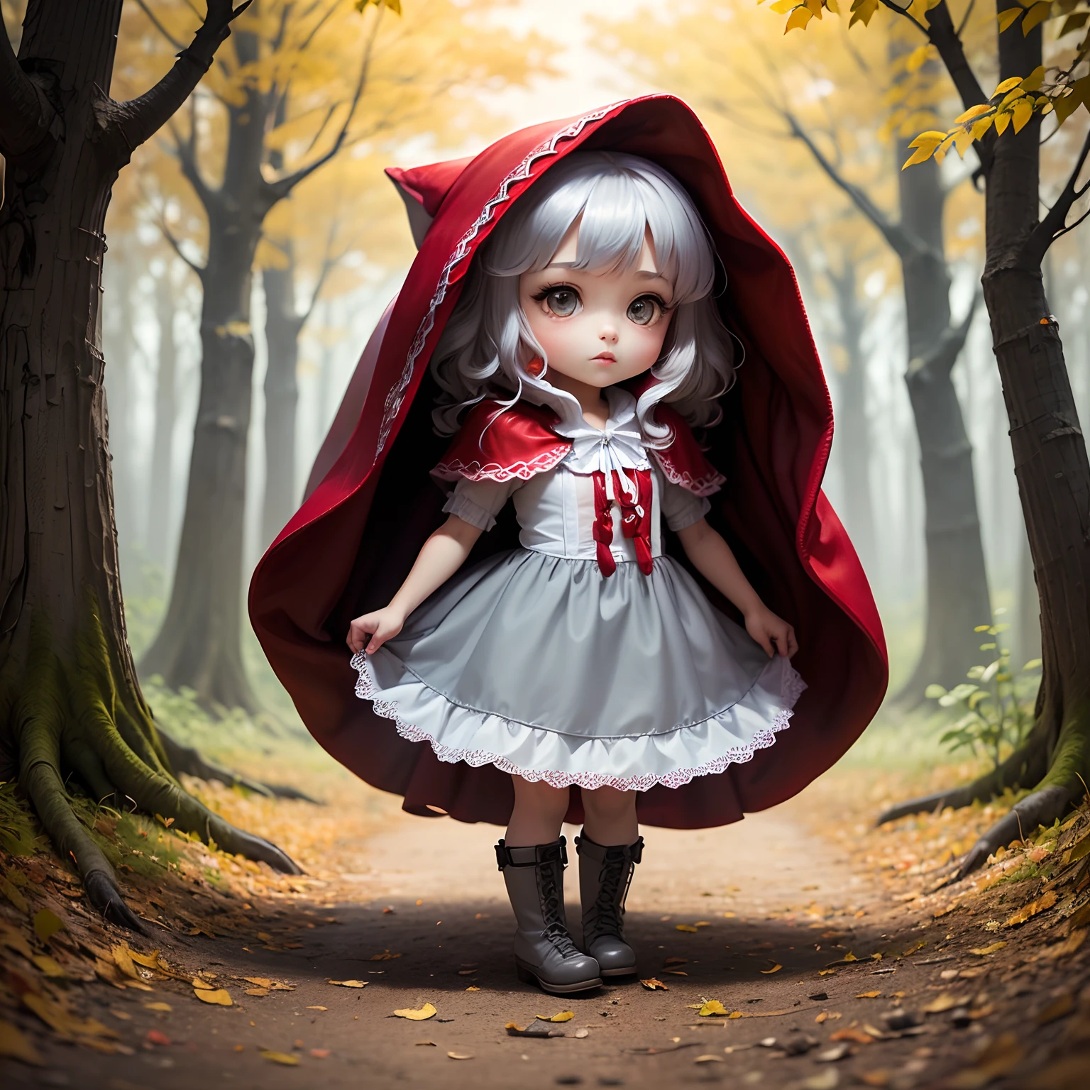 masterpiece、top-quality、ultra-detailliert、(Chibi's Daughter Chara:1.2)(Little Red Riding Hood:1.5),(White Dress:1.3)Red braided boots、(Chibi Chara Gray Wolf:1.3)、Fairytale autumn forest