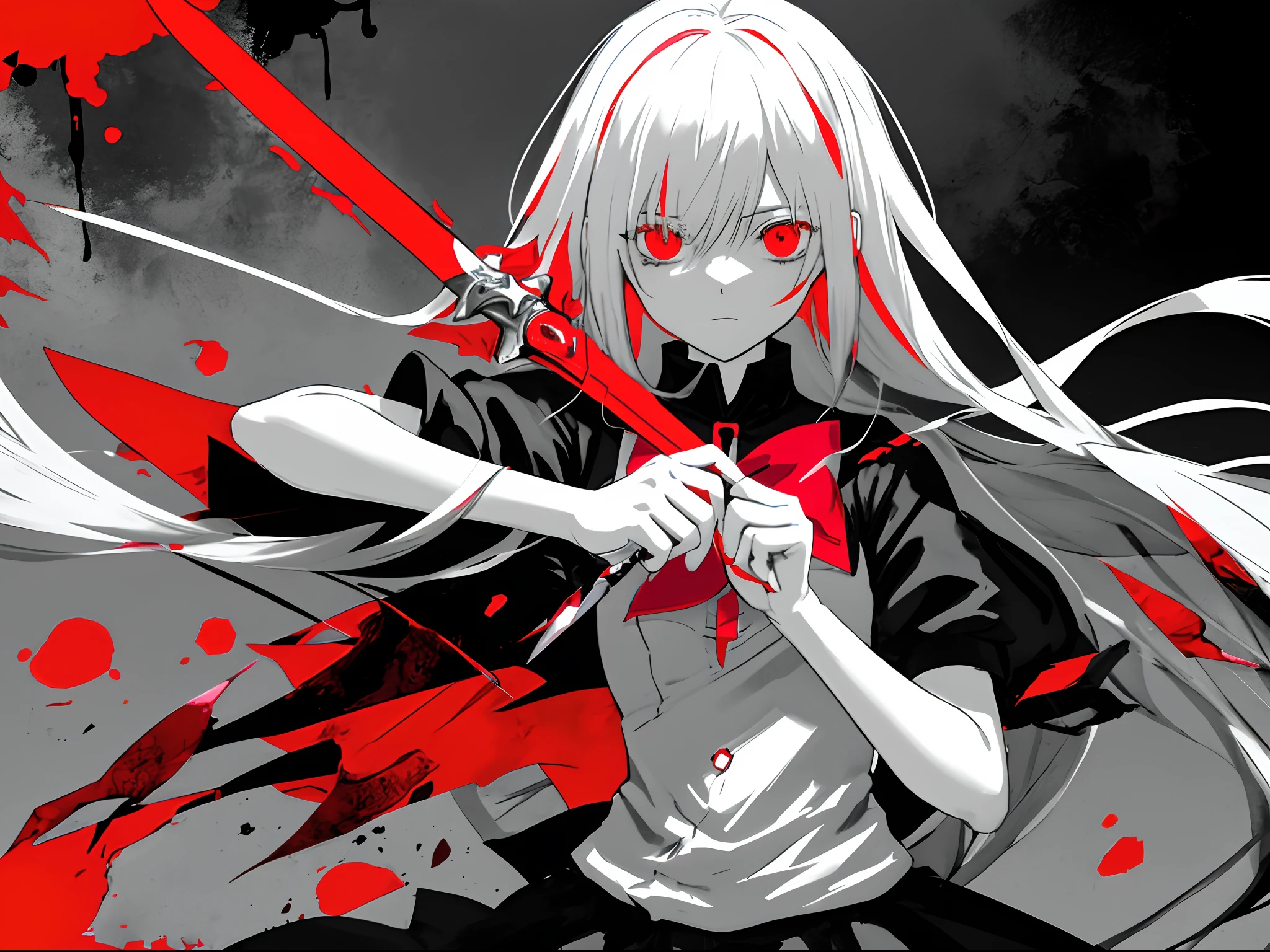 Cartoon of a woman with a knife in her hand, gapmoe Yandere grimdark, gapmoe Yandere, yume nikki, monochrome and red color bleed, slender girl, Yandere, 2 b, 2b, author：Ei-Q, [ conceptual art ]!!, yandere intricate, hime-cut, she is holding a sword