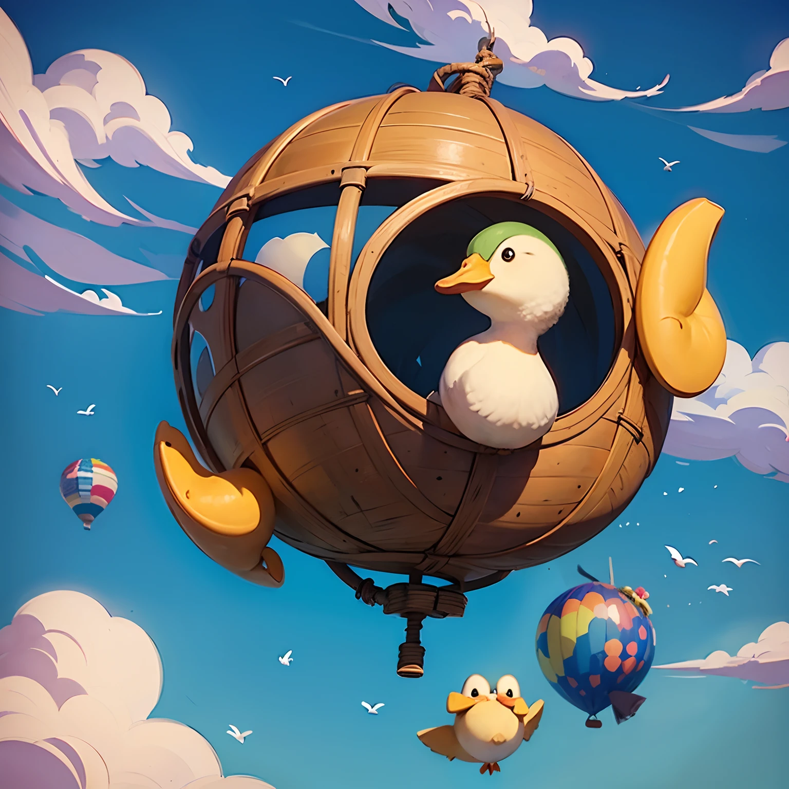 Drawing of a duck flying in a hot air balloon with birds in the sky