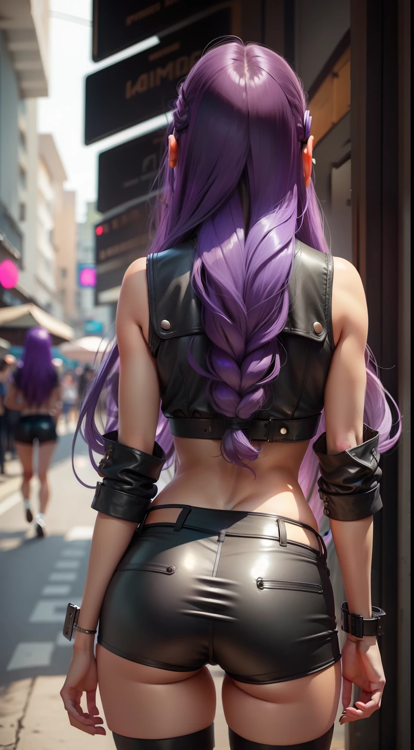 Girl with long purple hair, Slim, cuteface, little chest,  in leather shorts, seen from behind