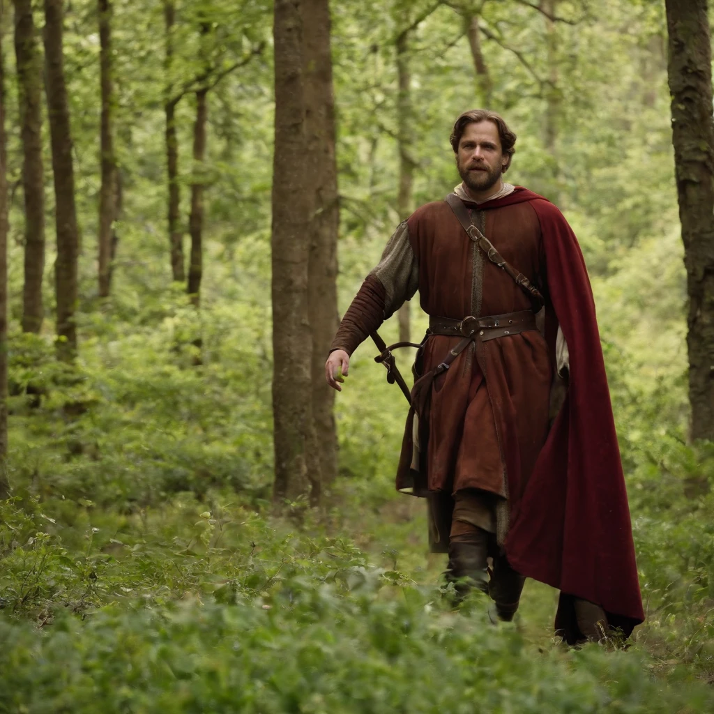 Um bardo com seus 30 anos vestindo uma capa surrada em uma viela medieval