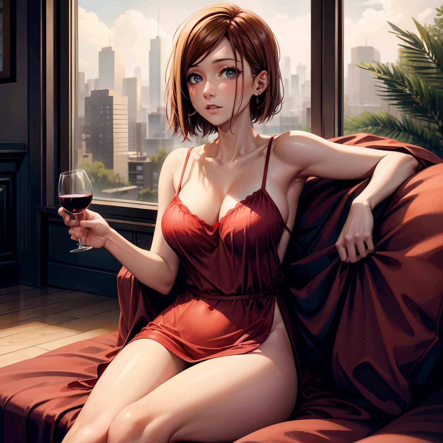 Wearing a red slip dress, holding a glass of wine, sitting at home,
