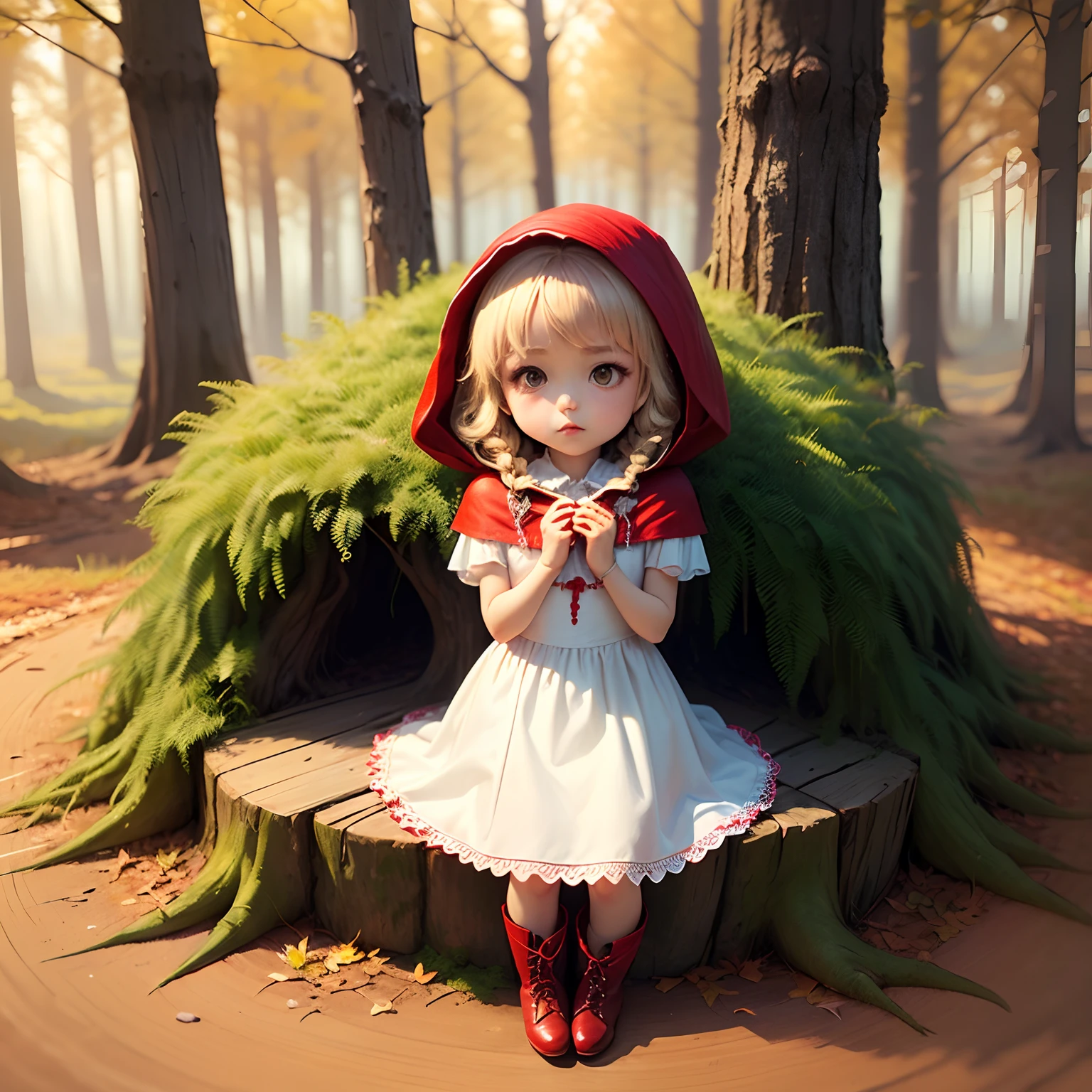 ​masterpiece、top-quality、ultra-detailliert、(Chibi's Daughter Chara:1.2)(Little Red Riding Hood:1.5),(White Dress:1.3)Red braided boots、(Chibi Chara Wolf:1.3)、Fairytale autumn forest、Sit on a stump