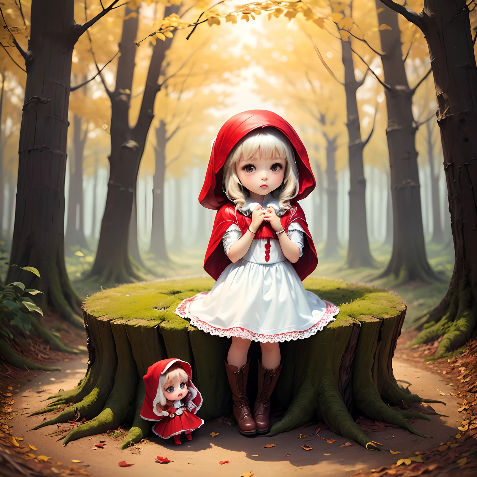 masterpiece、top-quality、ultra-detailliert、(Chibi's Daughter Chara:1.2)(Little Red Riding Hood:1.5),(White Dress:1.3)Red braided boots、(Chibi Chara Wolf:1.3)、Fairytale autumn forest、Sit on a stump
