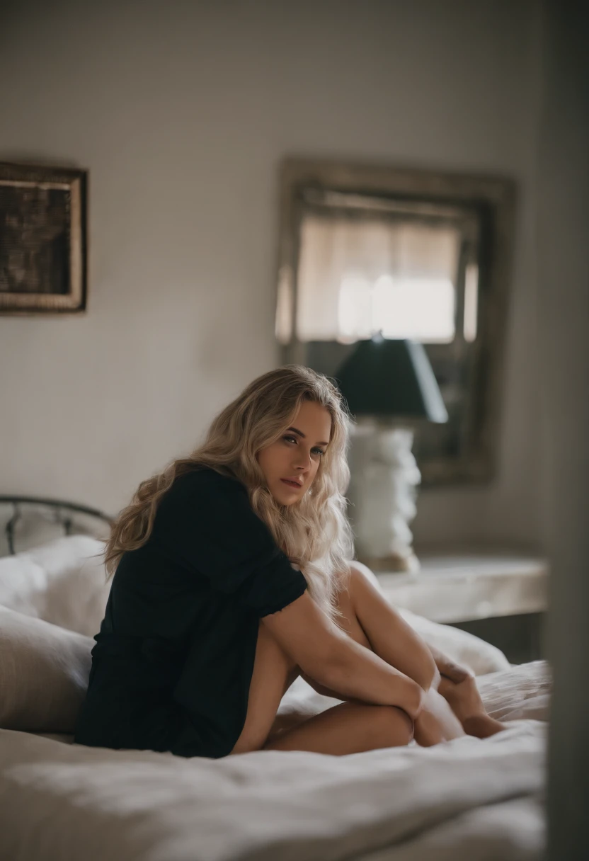 arafed woman fully , sexy girl with blue eyes, ultra realistic, meticulously detailed, portrait sophie mudd, blonde hair and large eyes, selfie of a young woman, bedroom eyes, violet myers, without makeup, natural makeup, looking directly at the camera, face with artgram, subtle makeup, stunning full body shot kneeling on bed, in bedroom, medium to large size bust