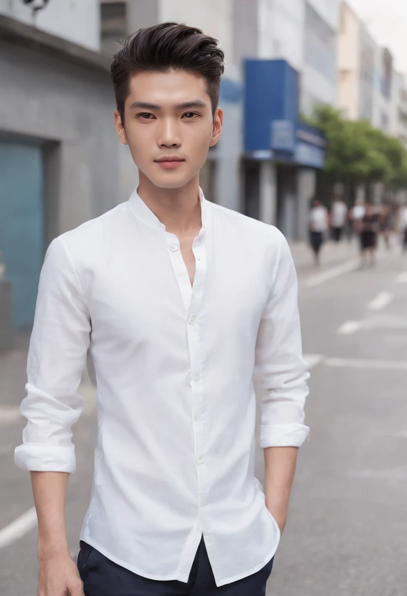 Asian male pretty face, perfect face, high-quality, hyper realistic, looking at the camera, smiling, wearing a white shirt walking on the street