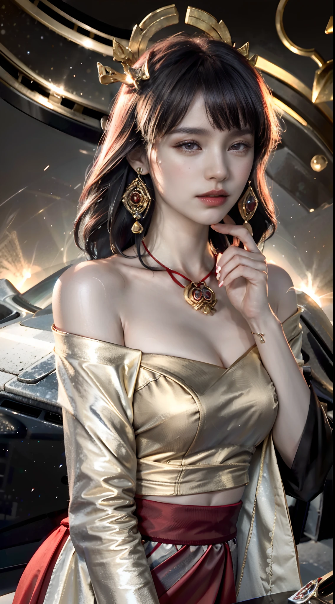 Best quality, Masterpiece, A high resolution, 1girll, China Hanfu,Old lively street background, Red skirt, Ancient hairstyles，hair adornments,necklace, jewelry,Beautiful face,after sexing_Body, Tyndall effect,Photorealistic, Dark Studio, rim lit, twotonelighting,(highdetailskin:1.2), 8K, Ultra HD, Digital SLR, Soft lighting, High quality, voluminetric lighting, candid, photographed, high resolution, 4K, 8K, Bokeh