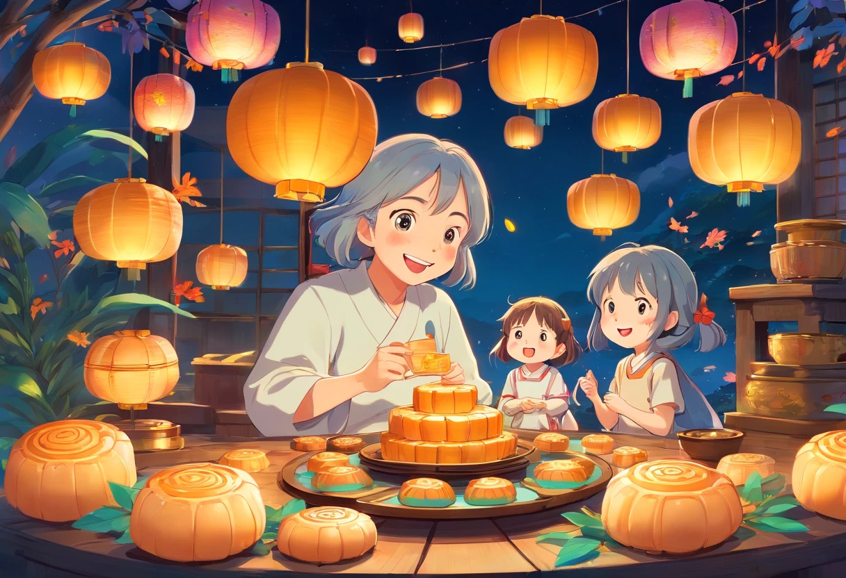 The whole family eats mooncakes together during the Mid-Autumn Festival,daddy,Mom and child laugh together,Cartoon picture Normal background, A beautiful artwork illustration, Colorful illustration, colorful kids book illustration, Colorful illustrations, archan nair, painting illustration, fairy-tale illustration style, editorial illustration colorful, colorful concept art, dreamlike illustration, Colorful! Character design, Wonderful illustrations, illustrated in whimsical style, Exquisite digital illustration