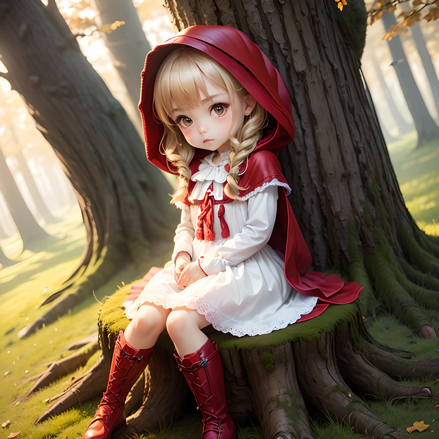 masterpiece、top-quality、ultra-detailliert、(Chibi's Daughter Chara:1.2)(Little Red Riding Hood:1.5),(White Dress:1.3)Red braided boots、(Chibi Chara Wolf:1.3)、Fairytale autumn forest、Sit on a stump