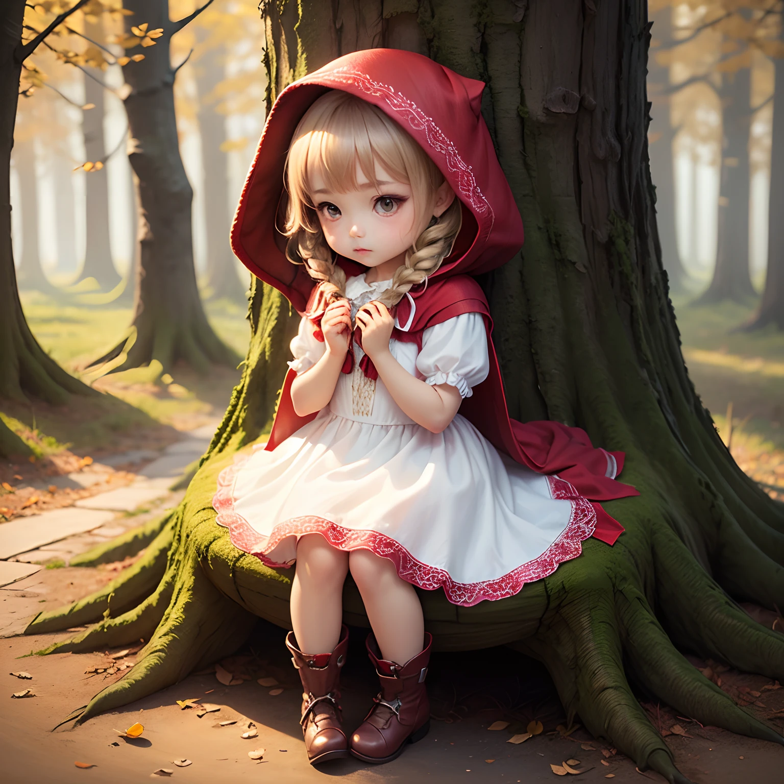 masterpiece、top-quality、ultra-detailliert、(Chibi Chara:1.2)(Little Red Riding Hood:1.5),(white dress:1.3)Red braided boots、Chibi Chara Wolf、Fairytale Autumn Forest