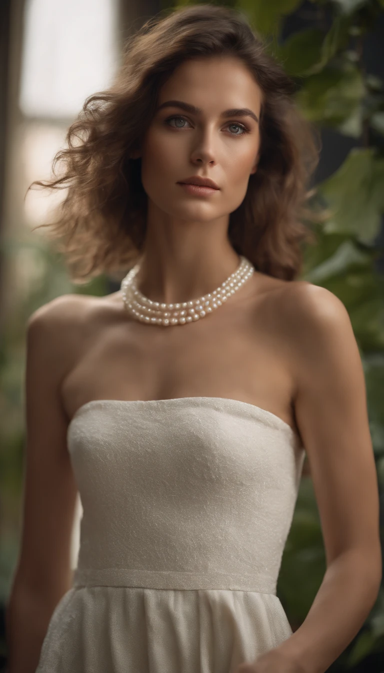 full-body shot of a young woman model with a tight strapless floral spring white dress, angular face, defined jawline, square face, a pearl necklace, stunning girl with green eyes, portrait, brown long hair and large eyes, profesional photoshoot, bedroom eyes, without makeup, natural makeup, looking directly at the camera, face with artgram, subtle makeup, stunning shot, piercing green eyes, wearing tight white mini dress, full-body shot, 85mm, DSLR, depth of field, black background, soft light.
