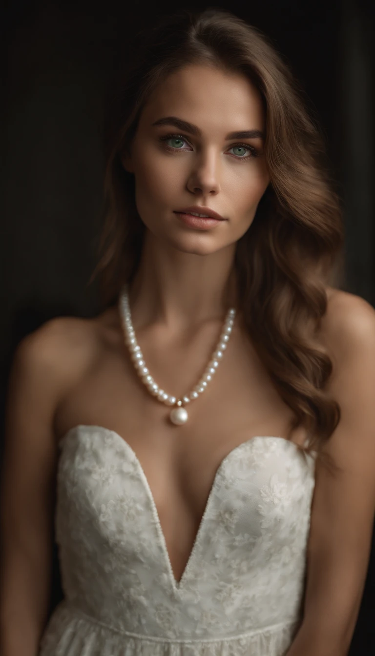 full-body shot of a young woman model with a tight strapless floral spring white dress, angular face, defined jawline, square face, a pearl necklace, stunning girl with green eyes, portrait, brown long hair and large eyes, profesional photoshoot, bedroom eyes, without makeup, natural makeup, looking directly at the camera, face with artgram, subtle makeup, stunning shot, piercing green eyes, wearing tight white mini dress, full-body shot, 85mm, DSLR, depth of field, black background, soft light.