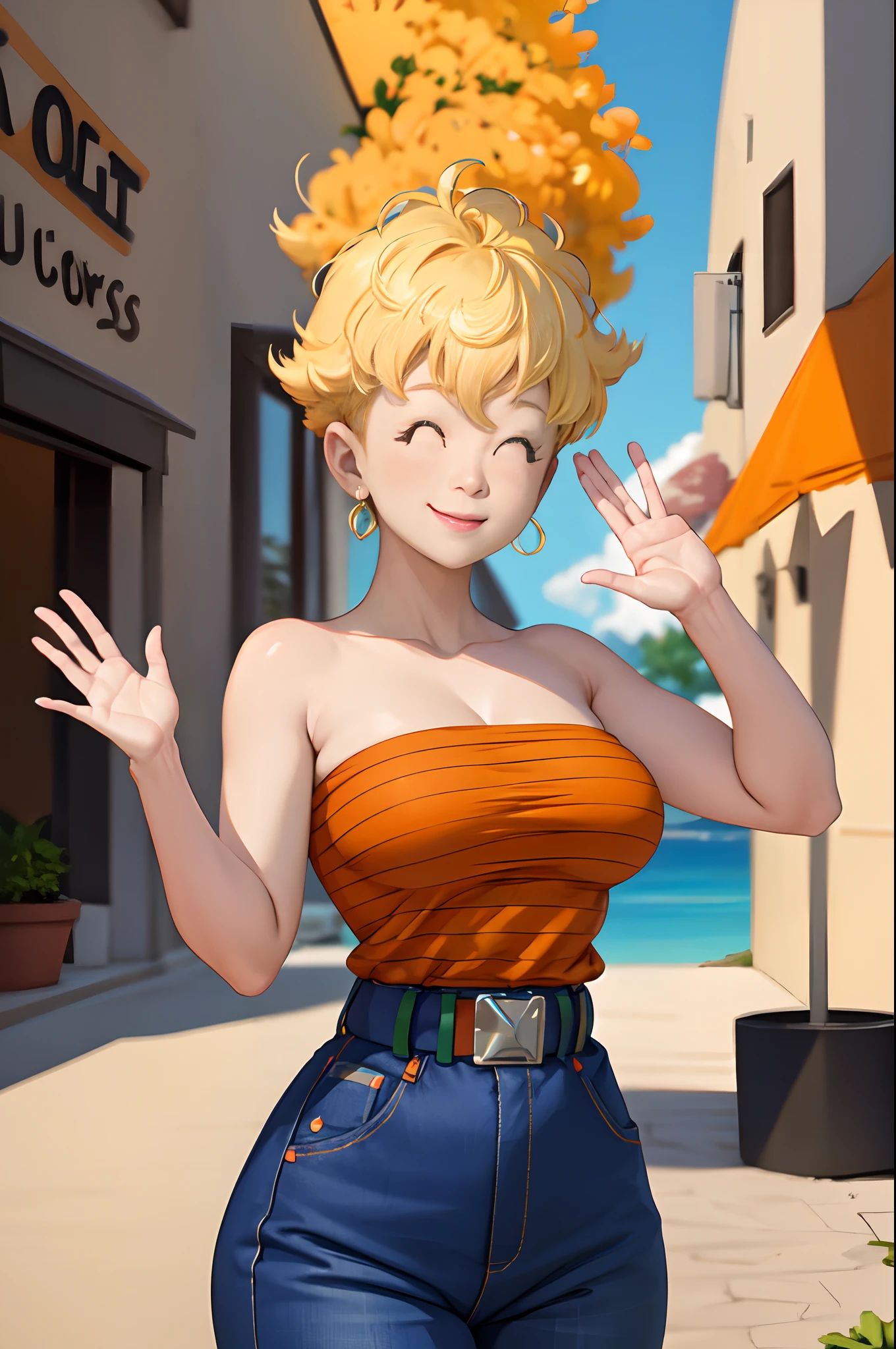 masterpiece, best quality, panchy, orange shirt, strapless, belt, blue pants, closed eyes, happy, smile, closed mouth, large breasts, waving with right hand