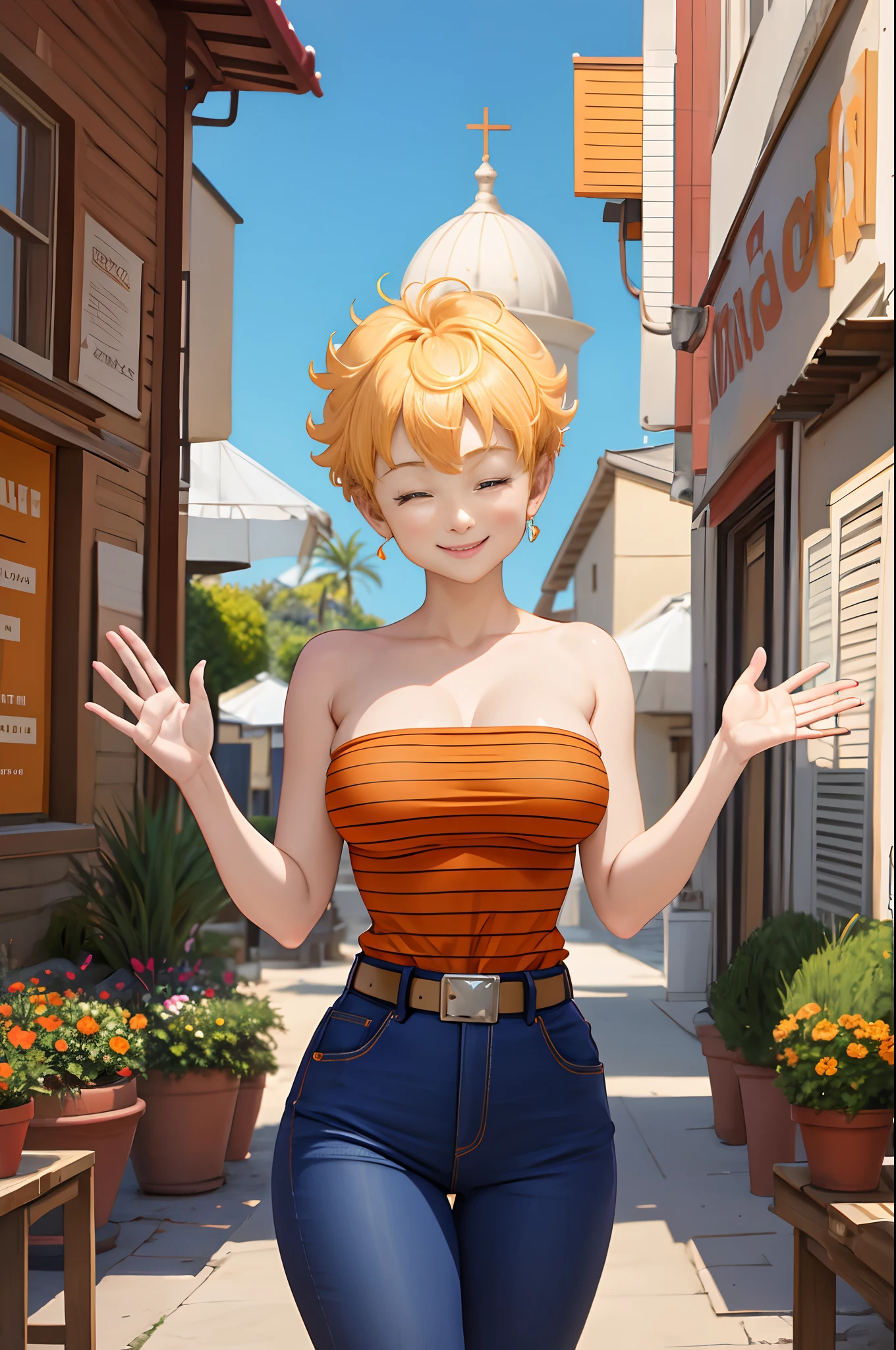 masterpiece, best quality, panchy, orange shirt, strapless, belt, blue pants, closed eyes, happy, smile, closed mouth, large breasts, waving with right hand