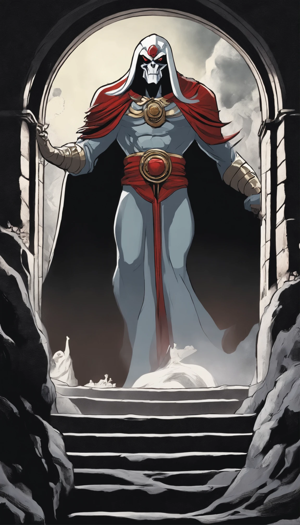 In the gloomy depths of a sinister castle, amid the eerie echoes of chants long forgotten, the sinister antagonist Mumm-Ra from ThunderCats undergoes a spine-chilling transformation. As a storm rages outside, casting frantic shadows on the ancient stone walls, the chamber within seems to throb with a dark, ancient power