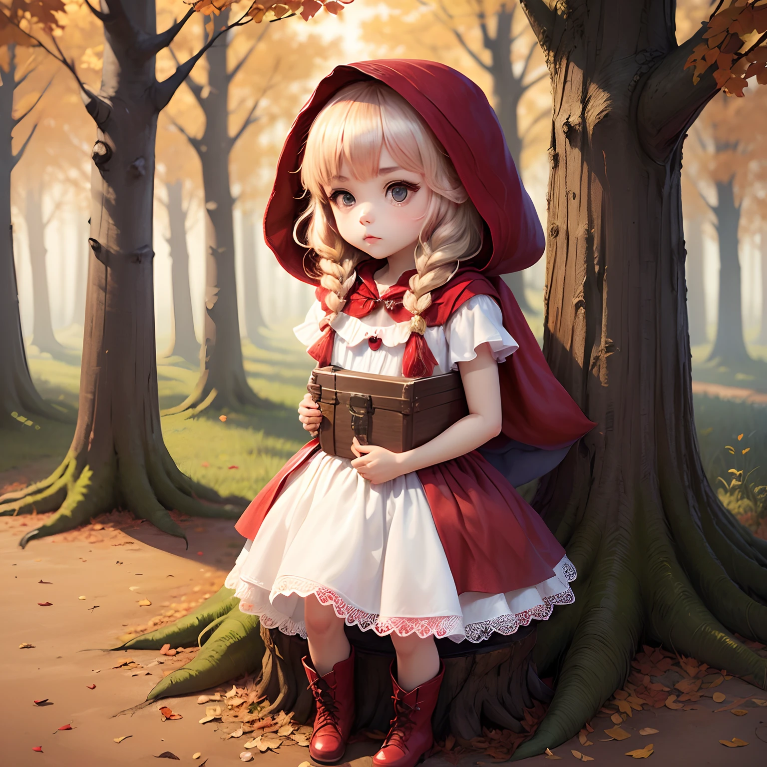 ​masterpiece、top-quality、ultra-detailliert、(Chibi Chara:1.2)(Little Red Riding Hood:1.5),(white dress:1.3)Red braided boots、Chibi Chara Wolf、Fairytale Autumn Forest
