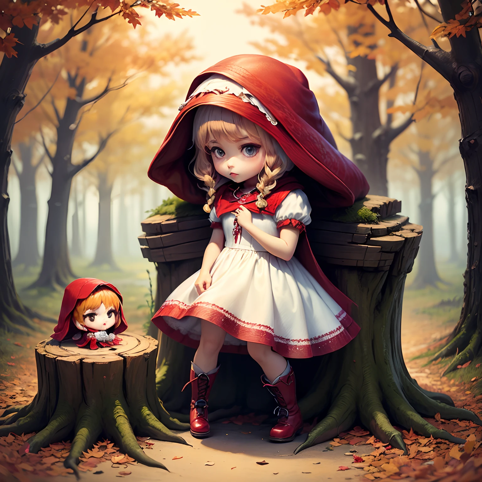 masterpiece、top-quality、ultra-detailliert、(Little Red Riding Hood:1.5)、(White Dress:1.3)Red braided boots、(Chibi Chara Wolf:1.5)、Fairytale autumn forest、Sit on a stump
