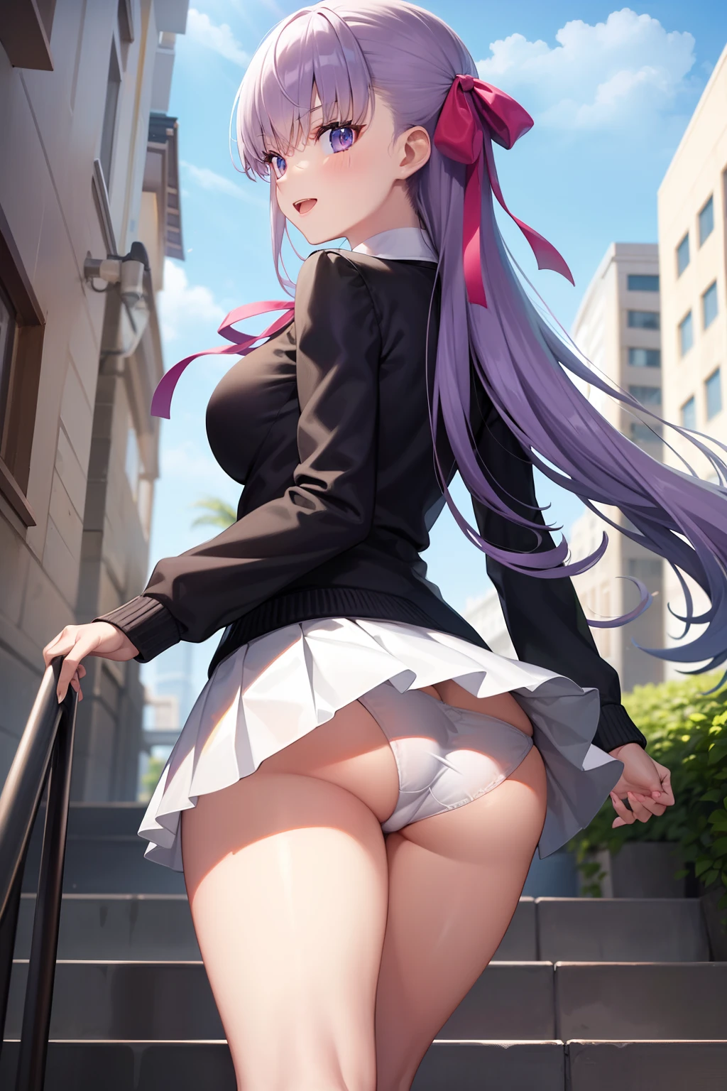 Hugob, nffsw, Purple hair, Long hair, Bangs, (Purple eyes:1.1), (medium breasts:1.2),Blake Black Jacket, Collared shirt, Hair Ribbon,Jacket, Long sleeves, Neck ribbon, Open your clothes, Open jacket, Red Ribbon, bow ribbon, Shirt, sleeves past wrists, White shirt, Wide sleeves,BREAK looking at viewer,BREAK outdoors, BREAK (masutepiece:1.2), Best Quality, High resolution, Unity 8k壁纸, (Illustration:0.8), (Beautiful detailed eyes:1.6), extra detailed face, Perfect Lighting, extremely details CG, (Perfect hands, Perfect Anatomy),Naughty smile with open mouth、、Stand on the escalator, (By up escalator), (lower body shot), Thigh Focus, (Taken from the bottom 1.3), (View from behind1.3)、 (white panties:1.3)、(Skirt that rolls up:1.3)、(Fully exposed panties:1.5)、black thighhighs