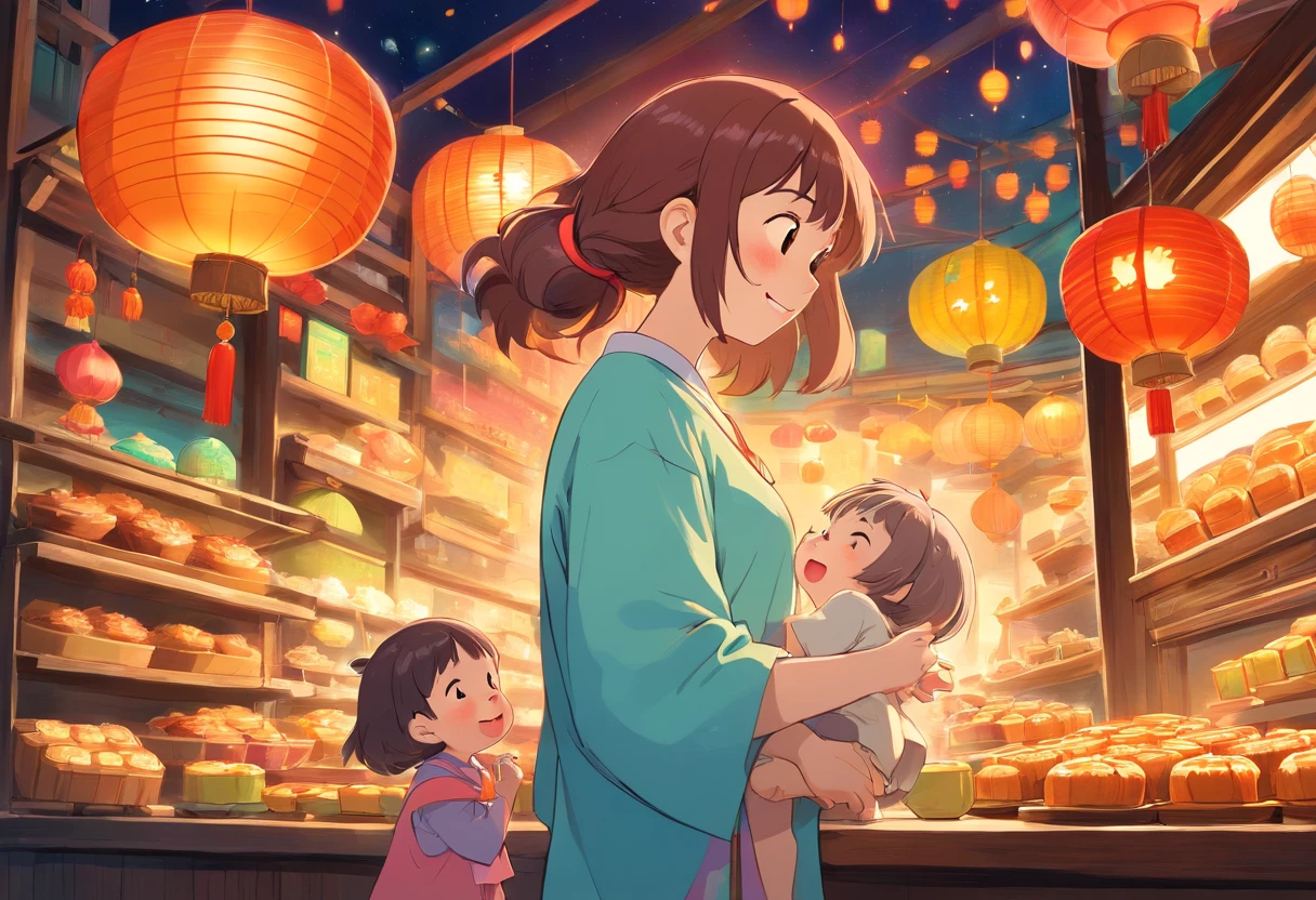 The whole family eats mooncakes together during the Mid-Autumn Festival,Daddy,Mom and child laugh together,Cartoon pictures Normal background, A beautiful artwork illustration, Colorful illustration, colorful kids book illustration, Colorful illustrations, archan nair, painting illustration, fairy-tale illustration style, editorial illustration colorful, colorful concept art, dreamlike illustration, Colorful! Character design, Wonderful illustrations, illustrated in whimsical style, Exquisite digital illustration