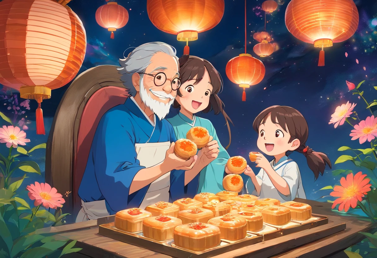 The whole family eats mooncakes together during the Mid-Autumn Festival,Daddy,Mom and child laugh together,Cartoon pictures Normal background, A beautiful artwork illustration, Colorful illustration, colorful kids book illustration, Colorful illustrations, archan nair, painting illustration, fairy-tale illustration style, editorial illustration colorful, colorful concept art, dreamlike illustration, Colorful! Character design, Wonderful illustrations, illustrated in whimsical style, Exquisite digital illustration