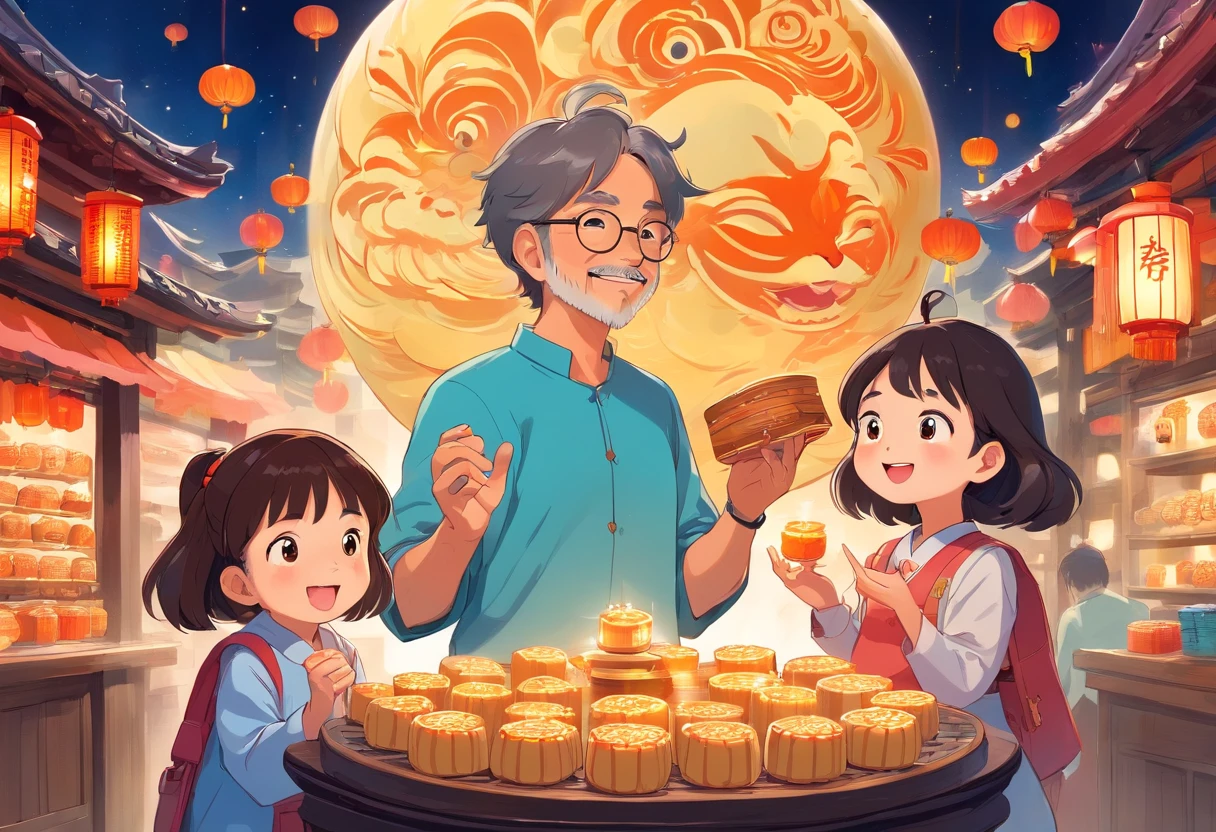 The whole family eats mooncakes together during the Mid-Autumn Festival,Daddy,Mom and child laugh together,Cartoon pictures Normal background, A beautiful artwork illustration, Colorful illustration, colorful kids book illustration, Colorful illustrations, archan nair, painting illustration, fairy-tale illustration style, editorial illustration colorful, colorful concept art, dreamlike illustration, Colorful! Character design, Wonderful illustrations, illustrated in whimsical style, Exquisite digital illustration