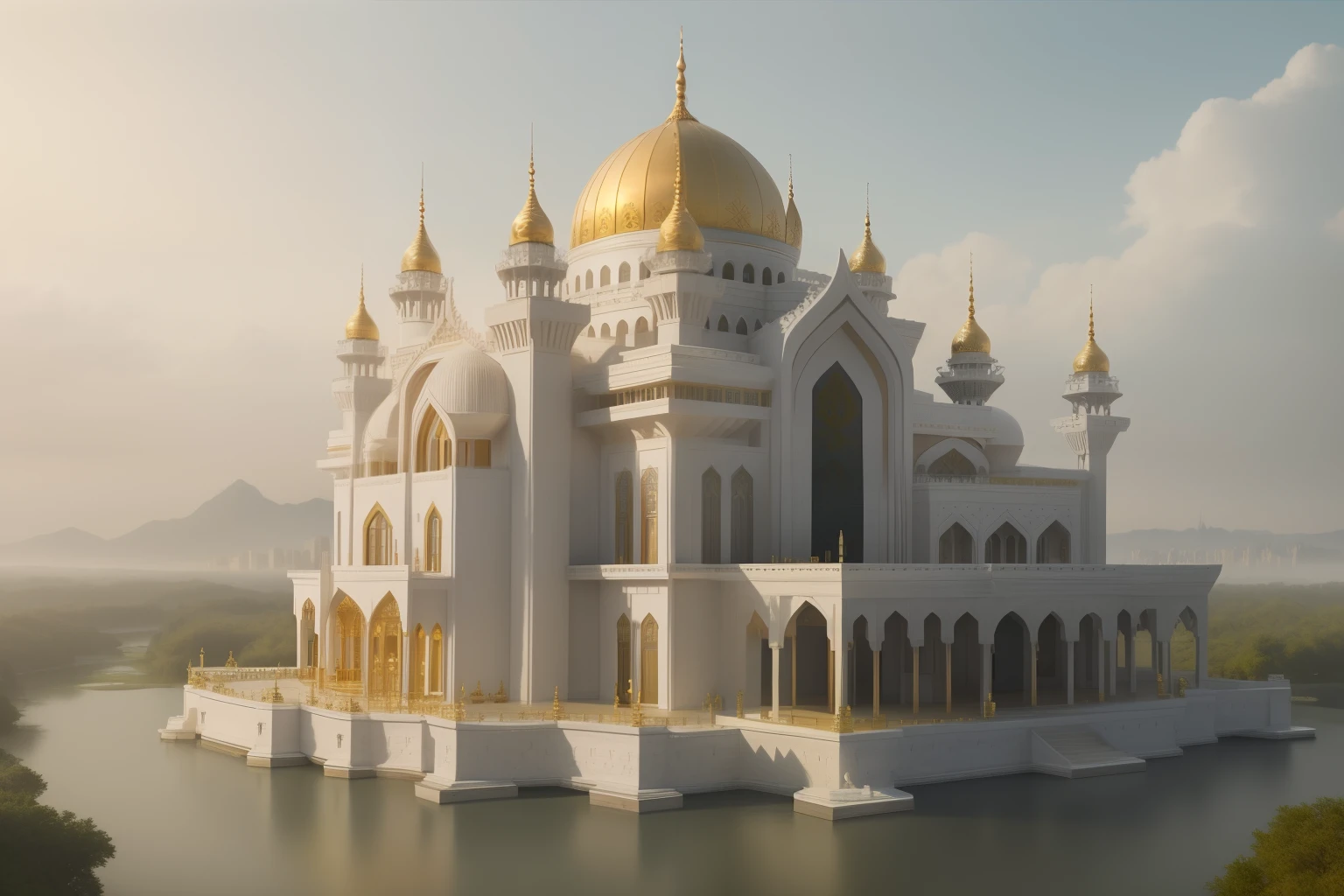 arafed white and gold building with a white lake in front of it, futuristic persian palace, floating palace, futuristic palace, huge futuristic temple city, breathtaking render, realistic fantasy render, stunning detailed intricate render, ((masterpiece)), ((best quality)), 8k, high detailed, ultra-detailed, white super big mosque castle, giant mosque, grand mosque, pearl white marble, gold adornments, sparkling, in the morning, aerial view, in the middle of forest, the atmosphere is magic, cinematic, 35mm, background is a garden and forest with flowing river, the river is milk, vivid color, masterpiece, best quality, photorealistic, high resolution, realistic light, 16k, UHD, ultra sharp backgrounds, ultra high res, RAW photo, best, masterpiece, best quality, high quality, extremely detailed there RAW photo, majestic, mystical, ethereal atmosphere, dramatic lighting, vibrant colors, intricate details, breathtaking view, a sense of wonder and awe., cinematic, UHD, Photorealistic