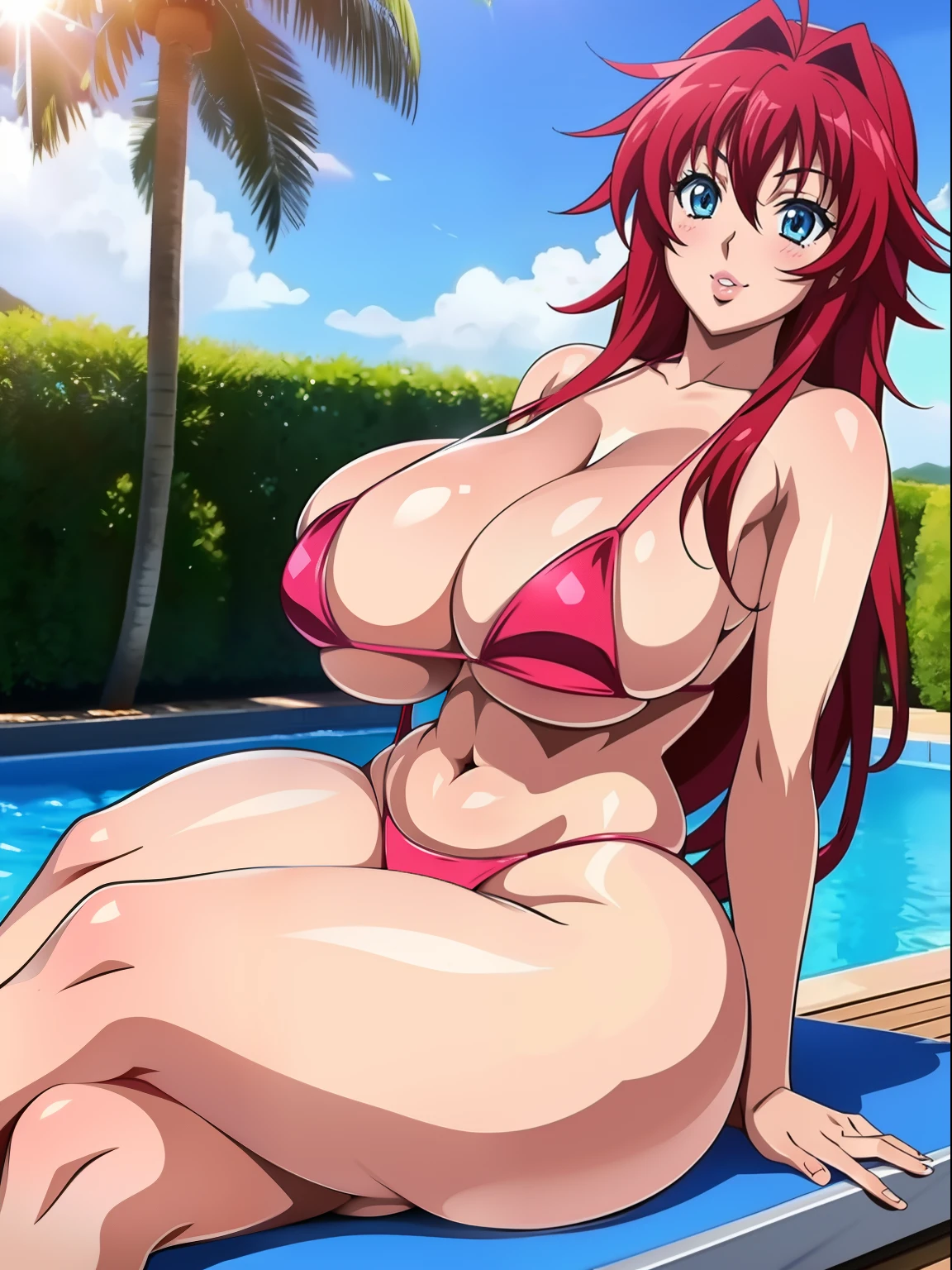 Highschool dxd, Rias Gremory, 1girl, (((bimbo))), blue eyes, puffy lips, painted lips, thick lips, wide hips, thick thighs, big breast, huge ass, revealing cleavage, erotic, smile face, bubble butt, camel toe, breasts, huge breasts, Micro bikini, sitting, pool, Sun lotion on breasts, Sun bathing