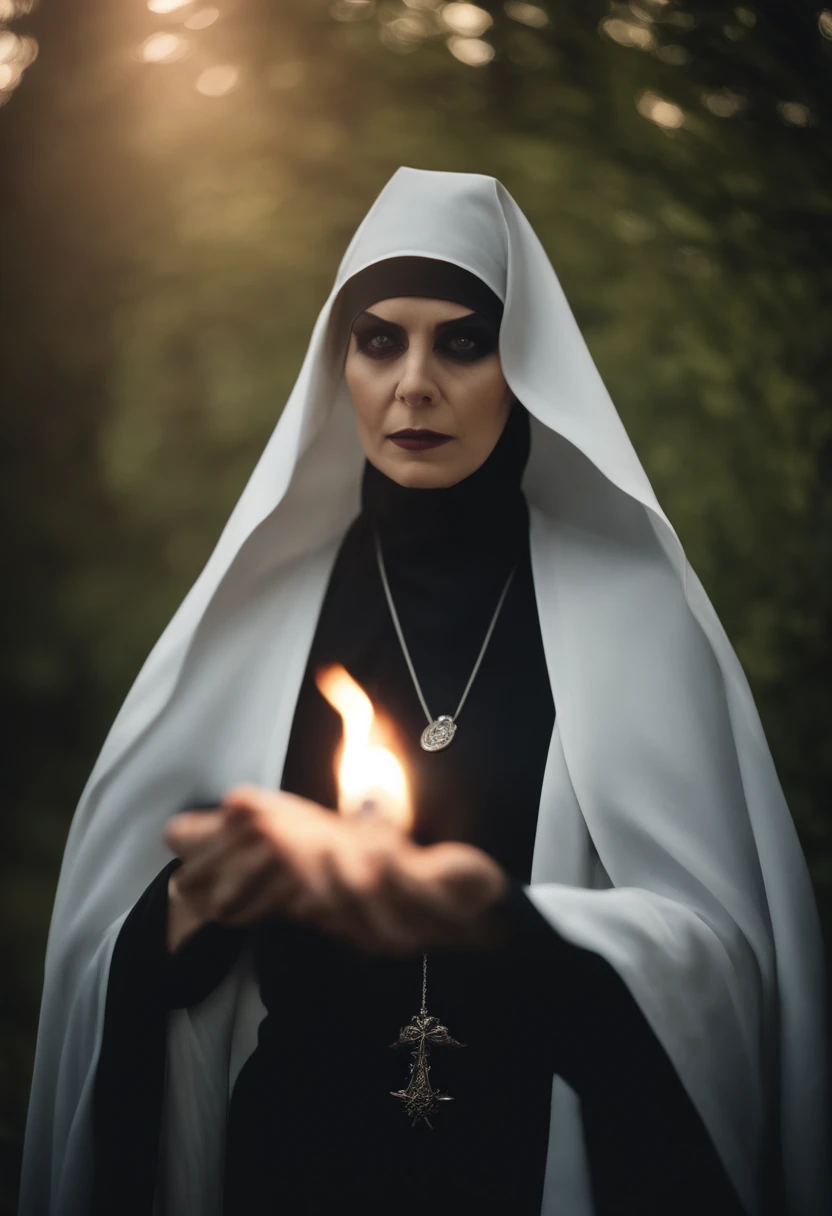 a witch in nun disguise with twisted expression, demonic, satanic