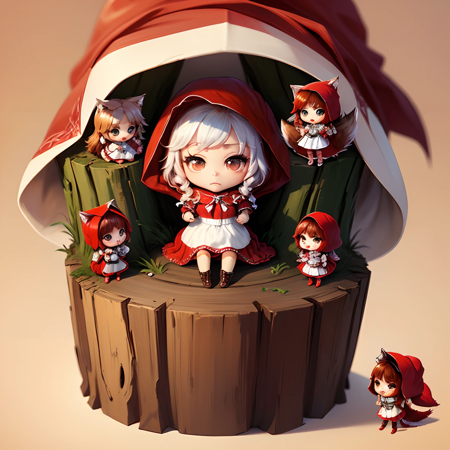 masterpiece、top-quality、ultra-detailliert、(Little Red Riding Hood:1.5)、(White Dress:1.3)Red braided boots、(Chibi Chara Wolf:1.7)、Fairytale autumn forest、Sit on a stump