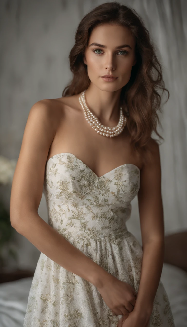 full-body shot of a young woman model with a tight strapless floral spring white dress, angular face, defined jawline, square face, a pearl necklace, stunning girl with green eyes, portrait, brown long hair and large eyes, profesional photoshoot, bedroom eyes, without makeup, natural makeup, looking directly at the camera, face with artgram, subtle makeup, stunning shot, piercing green eyes, wearing tight white mini dress, full-body shot, 85mm, DSLR, depth of field, black background, soft light.