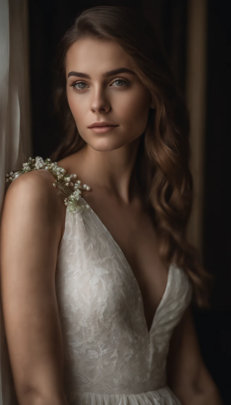 full-body shot of a young woman model, 21 years old, with a tight strapless floral spring white dress, angular face, defined jawline, square face, a pearl necklace, stunning girl with green eyes, portrait, brown long hair and large eyes, profesional photoshoot, bedroom eyes, without makeup, natural makeup, looking directly at the camera, face with artgram, subtle makeup, stunning shot, piercing green eyes, wearing flowy white dress, full-body shot, 85mm, DSLR, depth of field, black background, soft light.