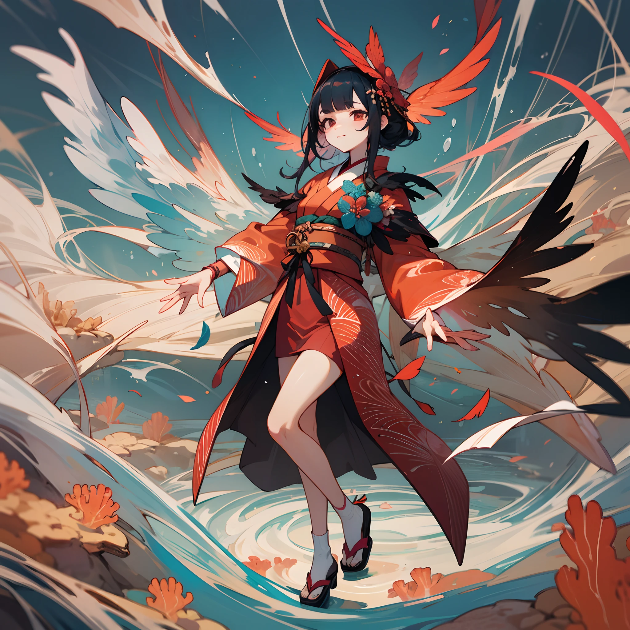 sea corals in hair, fiery kimono, wings on hands, black feather hem, full body, perfect face, high quality --auto --s2