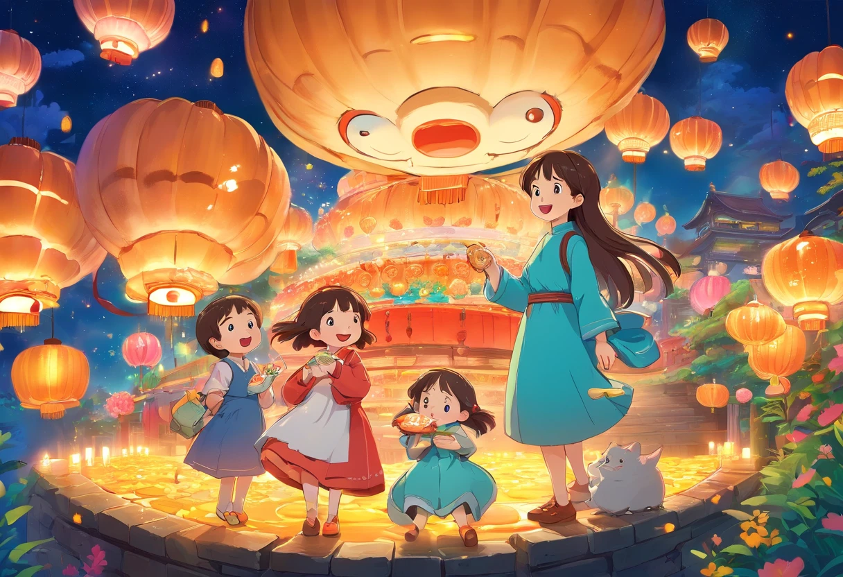 The whole family eats mooncakes together during the Mid-Autumn Festival，Mom and dad laugh with their children，Cartoon picture Normal background,natta，Big Moon A beautiful artwork illustration, Colorful illustration, colorful kids book illustration, Colorful illustrations, archan nair, painting illustration, fairy-tale illustration style, editorial illustration colorful, colorful concept art, dreamlike illustration, Colorful! Character design, Wonderful illustrations, illustrated in whimsical style, Exquisite digital illustration
