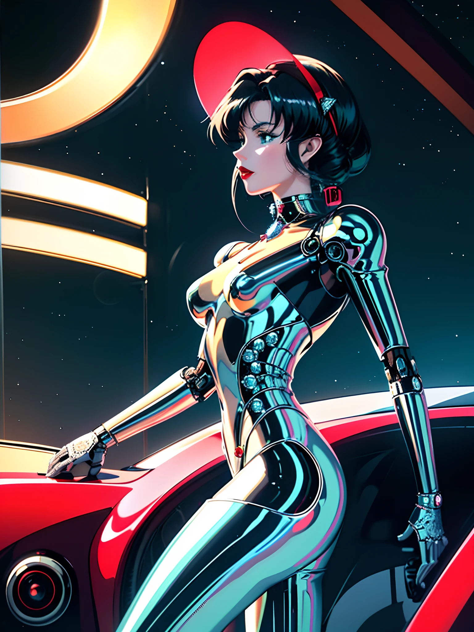 (elegant robotic) lady, (masterpiece), intricate details, retro, ((1999s anime)), ((best quality)), (bright colorful future city at night), (radiant long leather straps) iridescent [holographic metal tight], red buttoned device, iridescent metal, (diamond futuristic) jewelry, (red lips), visor, slim thin, extremely detailed, covered, dynamic pose