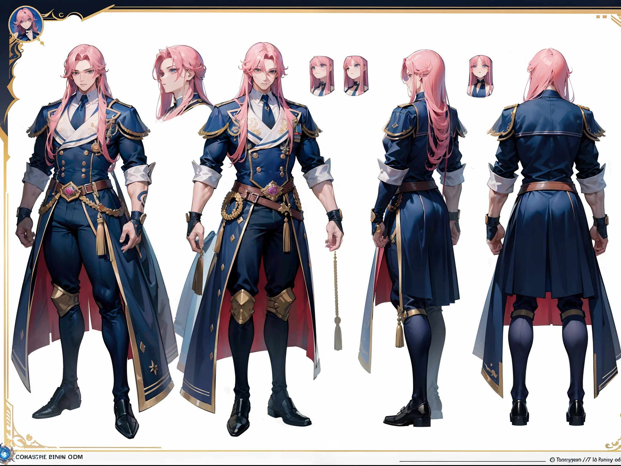 ((Masterpiece, Highest quality)), Detailed face, character design sheet, full bodyesbian, Full of details, frontal body view, back body view, Highly detailed, Depth, Many parts, Muscle boy with long pink hair,handsome man, muscle body, navy, commander, man tall