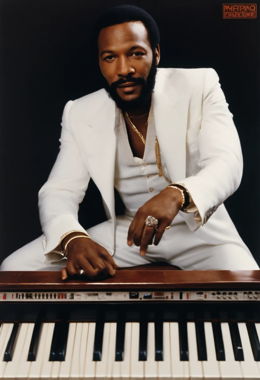 Marvin Gaye Black singer Marvin Gaye was one of the most influential and successful artists in the history of R&B, With his traditional white burrow on his head, sitting in front of the piano, he wears a red sweater and white hat, poses for a photo;, Marvin Gaye, bolhas ", golpe de mestre, Selo Ivan, Sf, Kelley Alton, Smokey, Henri Moore, Mellotron, Hawkins, obra de arte", obra de arte ", para 1 9 7 0 s'sci - fi, Tonto, artista desconhecido, smug look, Directed by: Harvey Pratt, jeff - salão