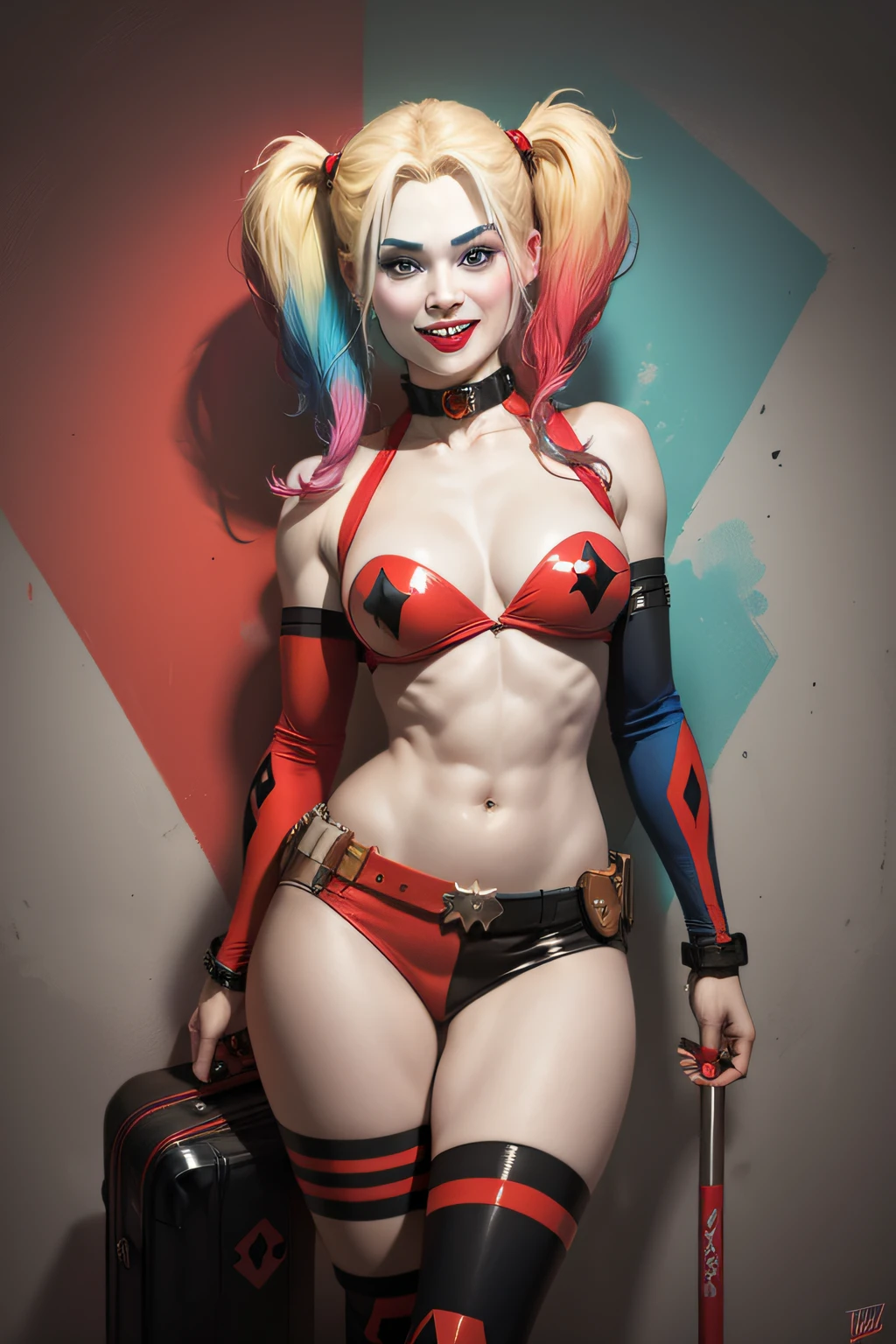 harley quinn, 17 anos, cabelo grande, taco de beisebo