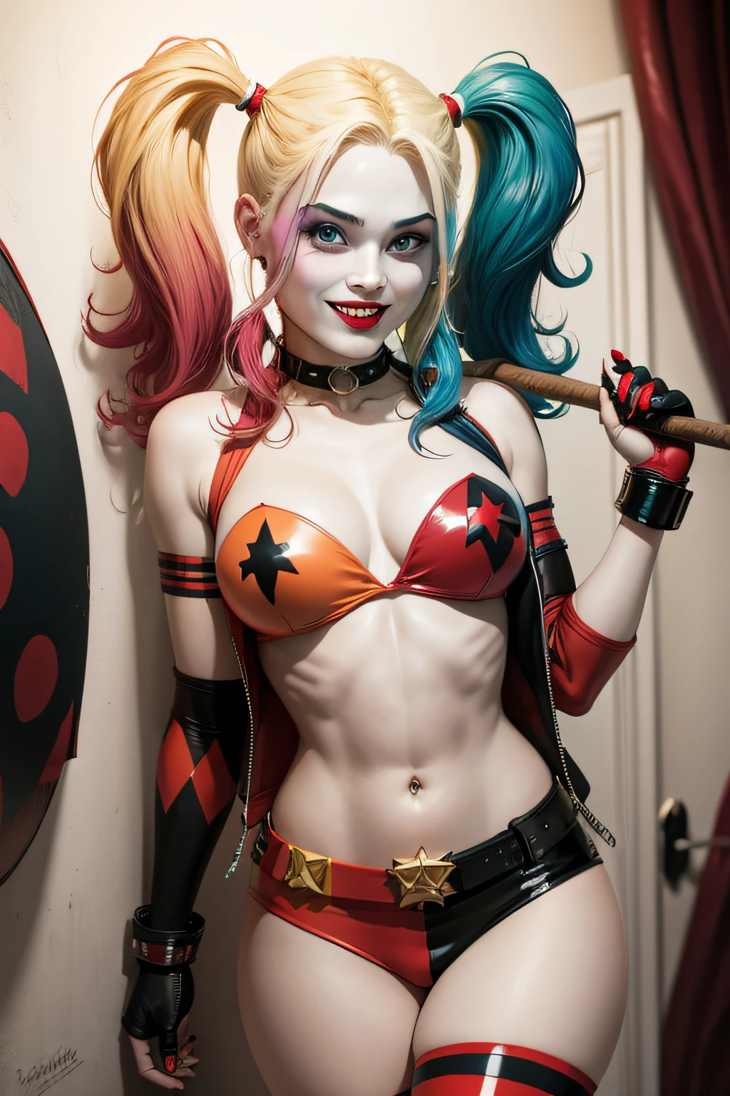 harley quinn, 17 anos, cabelo grande, taco de beisebo