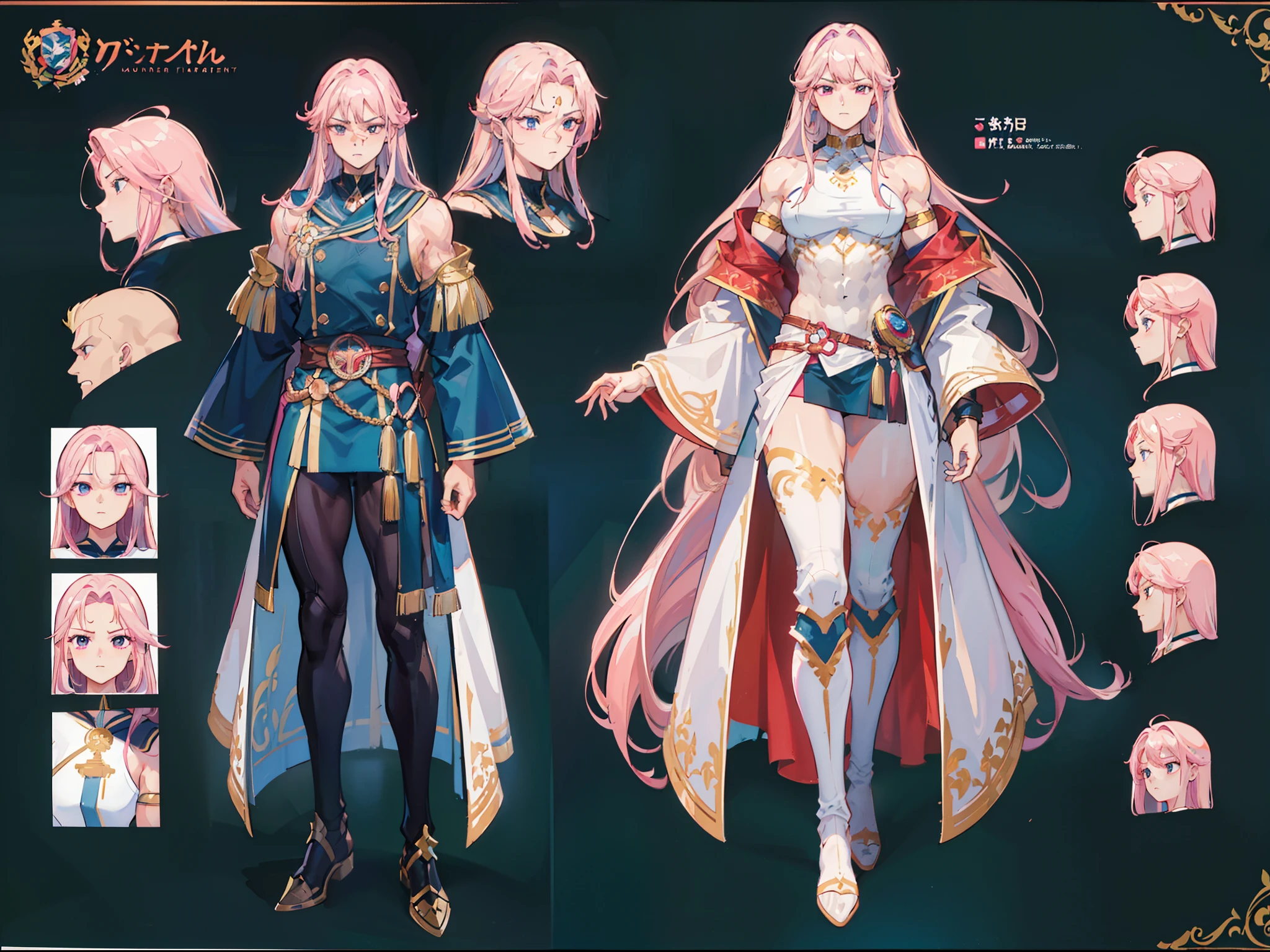 ((Masterpiece, Highest quality)), Detailed face, character design sheet, full bodyesbian, Full of details, frontal body view, back body view, Highly detailed, Depth, Many parts, Muscle boy with long pink hair,handsome man, muscle body, navy, commander, man tall