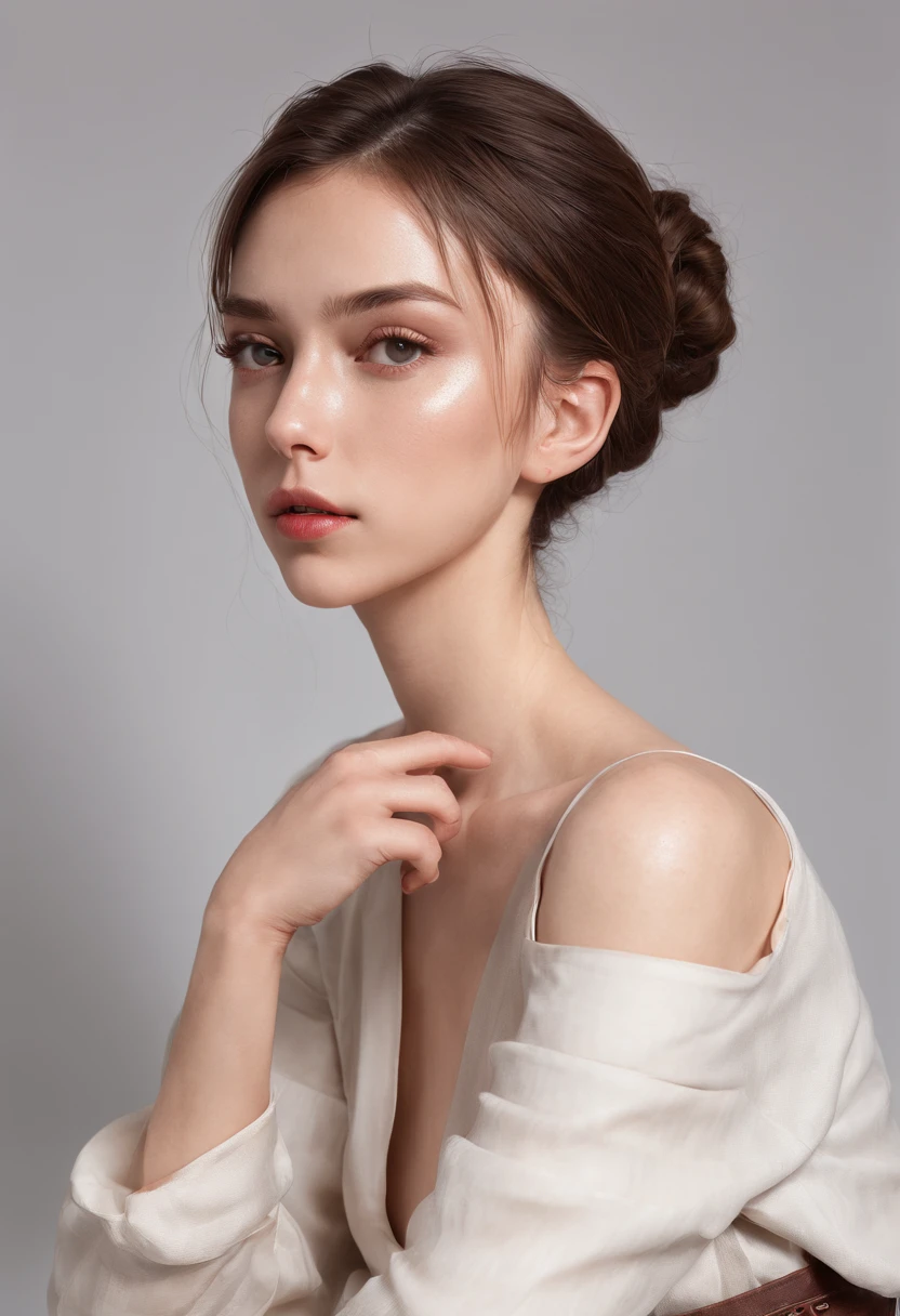 8K,Best quality, masterpiece, ultra high res, (photorealistic:1.4), raw photo, (Authentic skin texture:1.3), (film grain:1.3), (selfie angle),1girl, one bun hairstyle, brown hair, sitting, chair, bored, hand supporting chin, beautiful detailed eyes and face,masterpiece, best quality,close-up,upper bod,