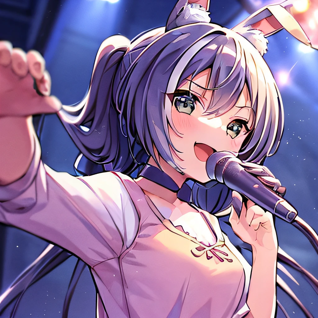 ((masutepiece)), ((Best Quality)), (Ultra-detailed), Anime style, Live performance venue,  girl s, 1girl in, Solo, Playing the guitar 00, Bunny Girl 00, ((Beautiful eyes))0, Smile