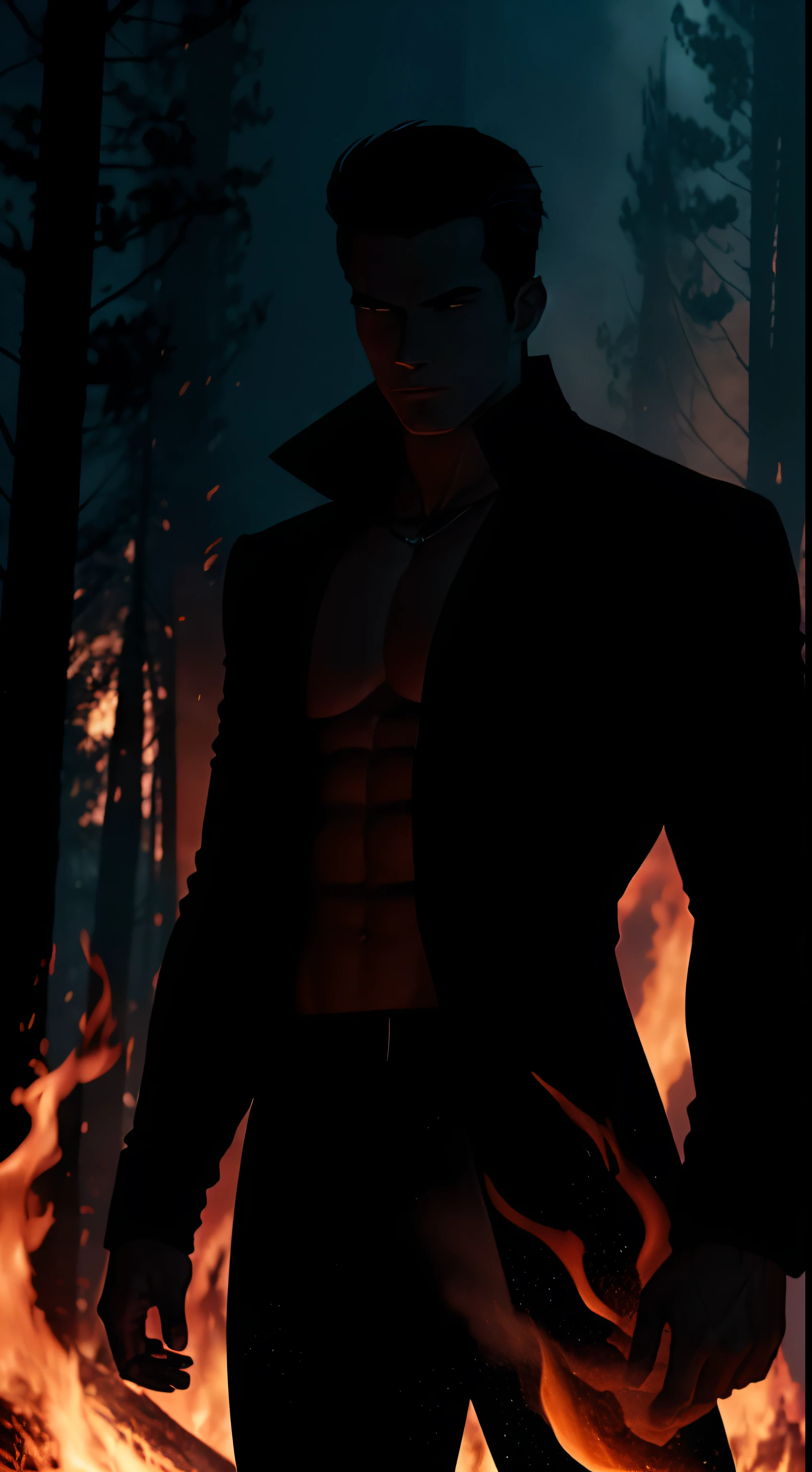 imaginar: closeup of a Silhouette of a shirtless young villain, in black pants and black overcoat, his body imbued with fire and dark mist. In the background they have destruction and is a black forest with tall black trees, A dark black mist surrounding the place, Fire on the Ground.